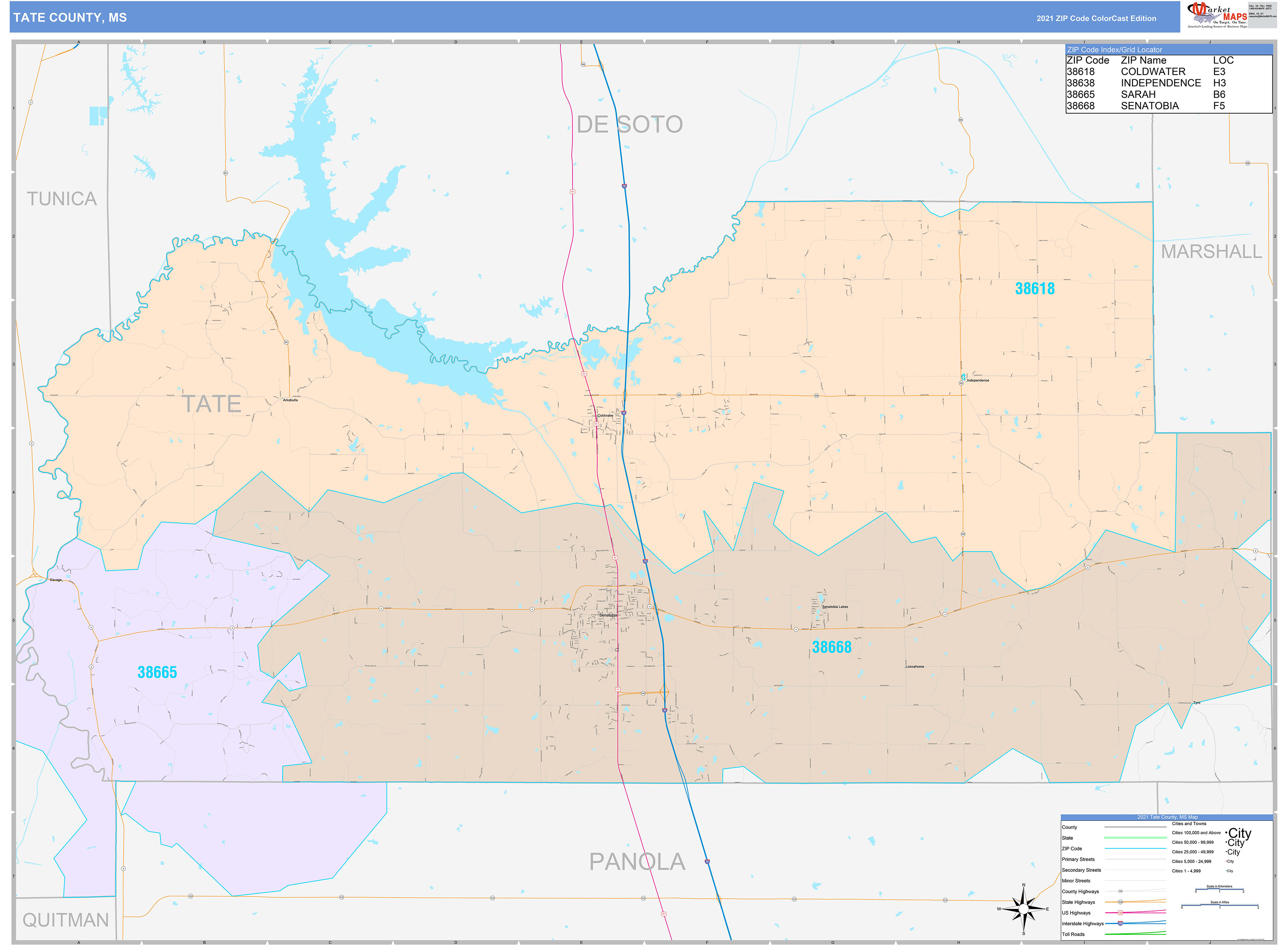 Tate County MS Wall Map Color Cast Style By MarketMAPS