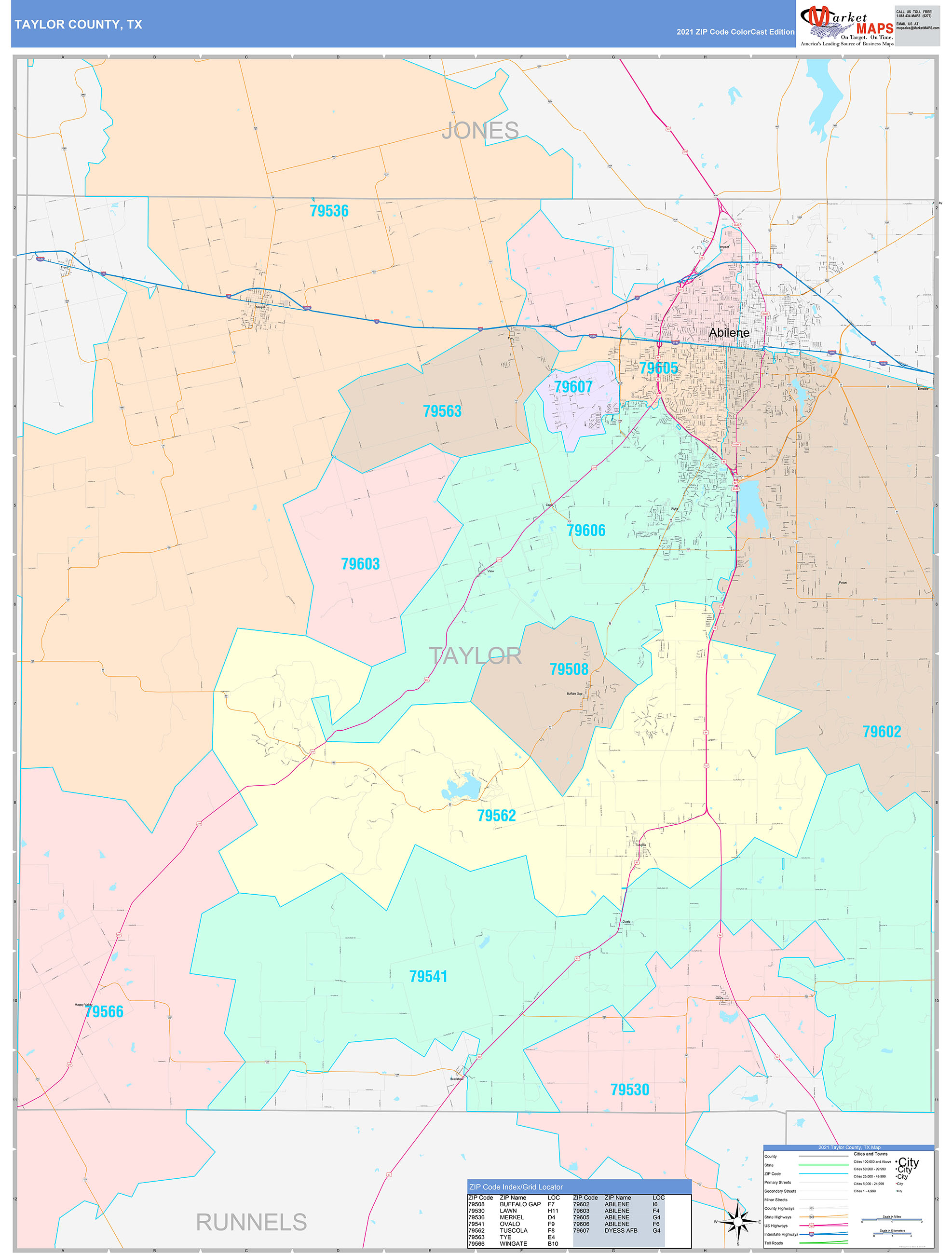 Taylor County, TX Wall Map Color Cast Style by MarketMAPS MapSales