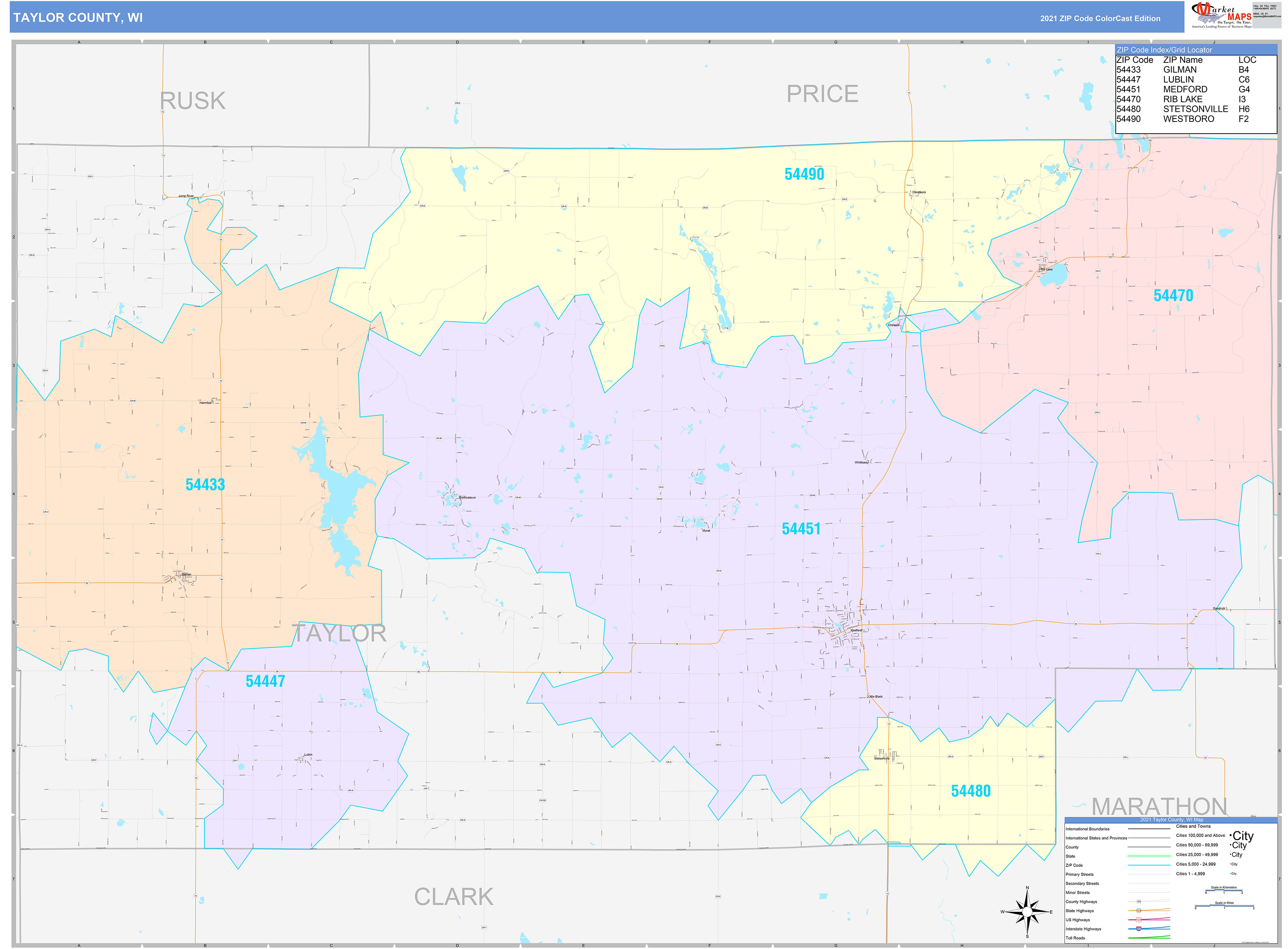 Taylor County, WI Wall Map Color Cast Style by MarketMAPS