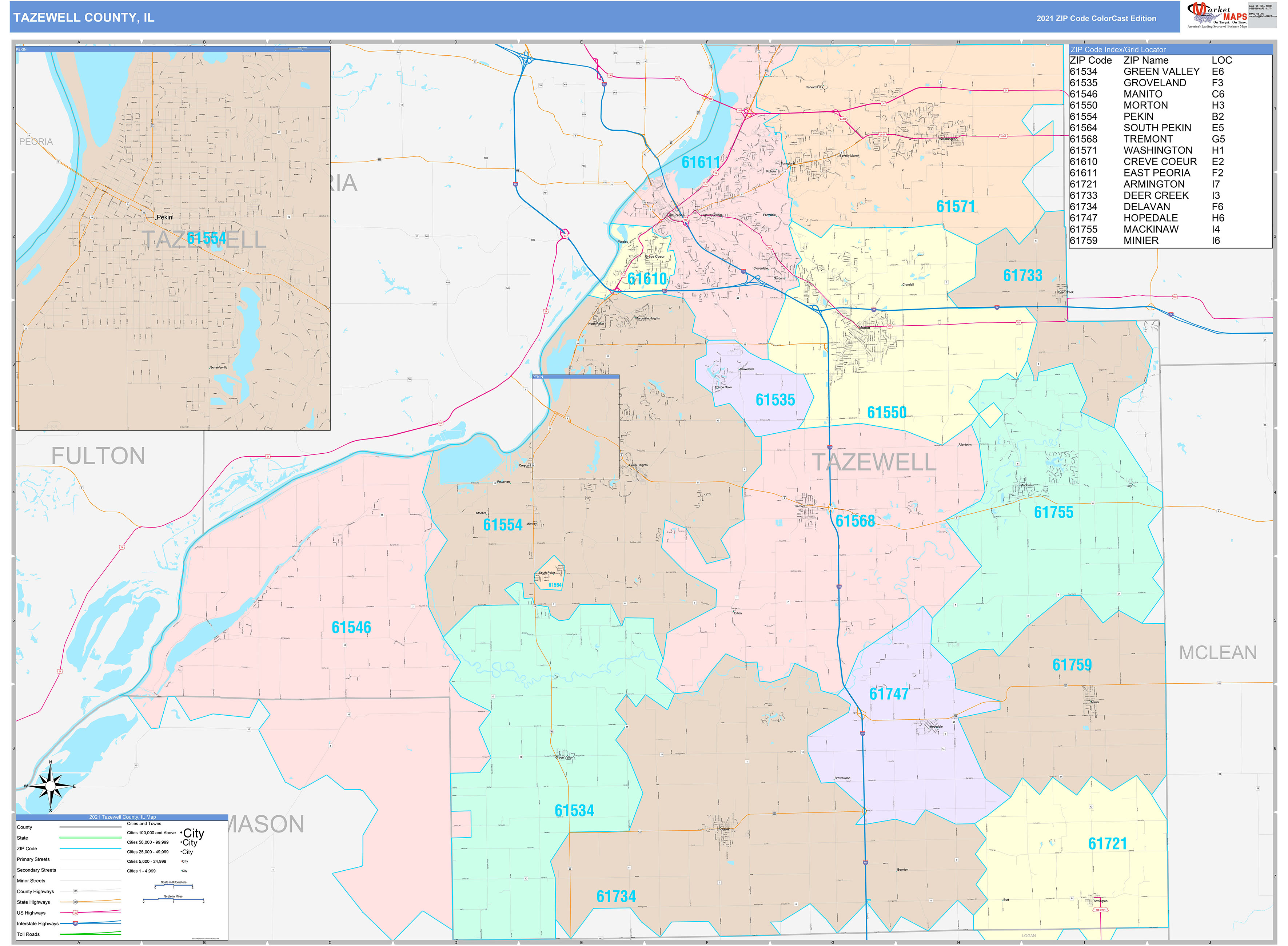 Tazewell County, IL Wall Map Color Cast Style by MarketMAPS MapSales