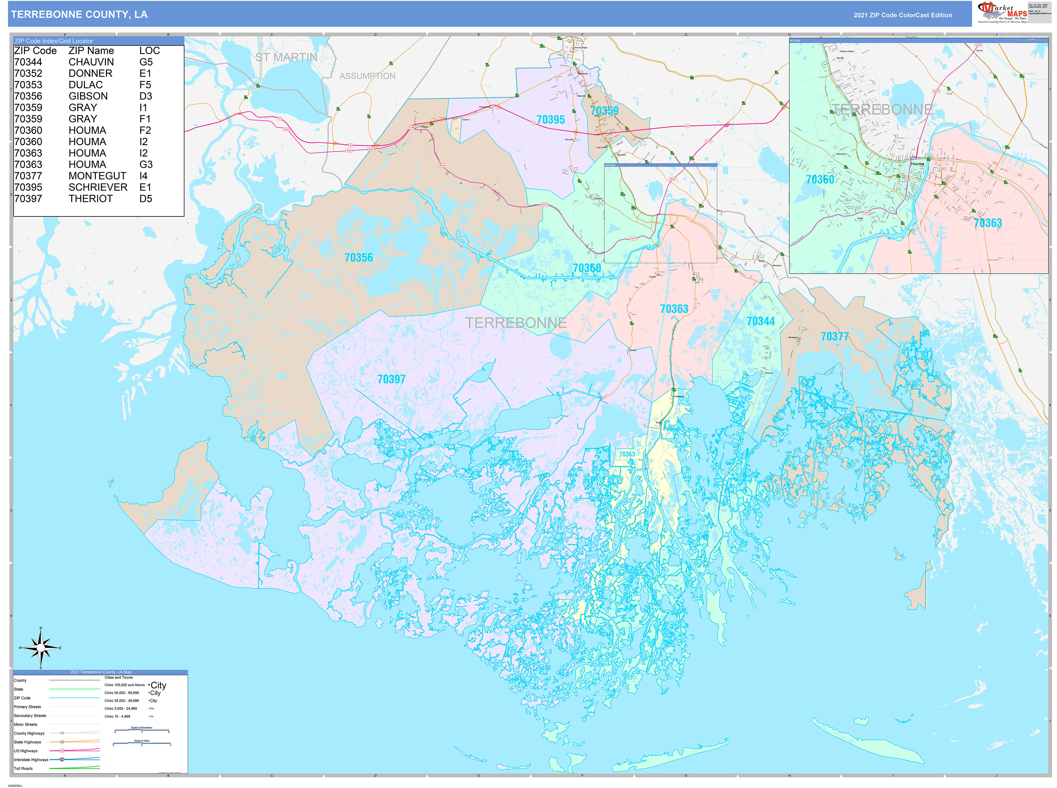 Terrebonne County, LA Wall Map Color Cast Style by MarketMAPS