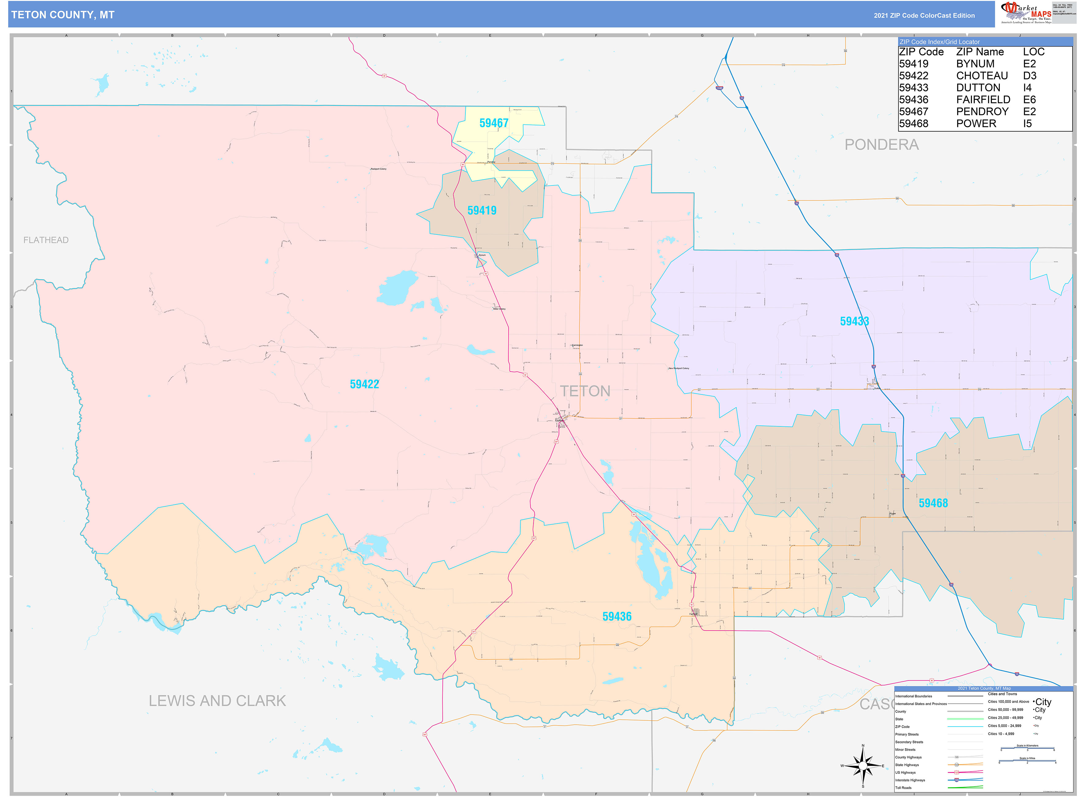 Teton County, MT Wall Map Color Cast Style by MarketMAPS