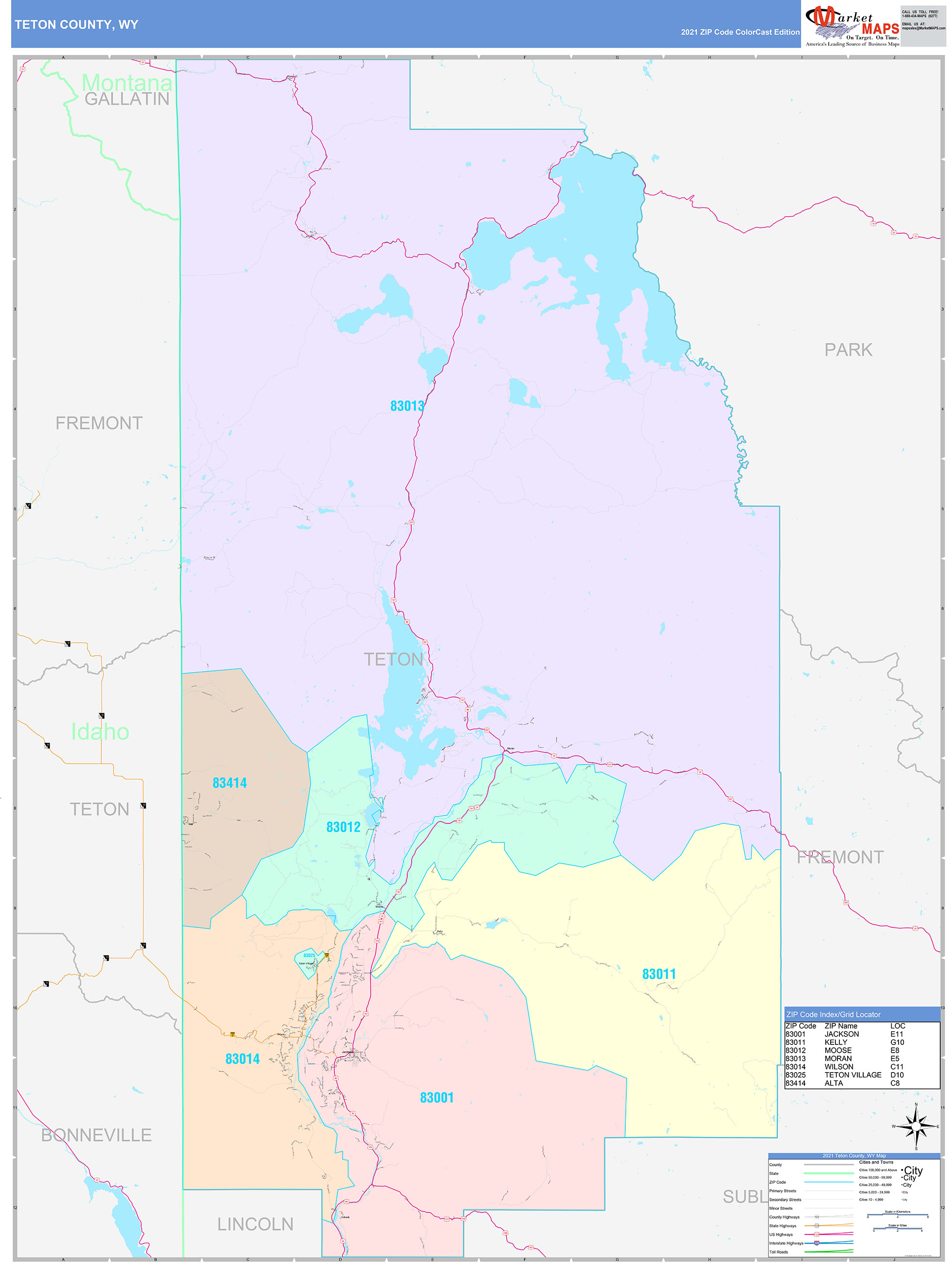 Teton County, WY Wall Map Color Cast Style by MarketMAPS