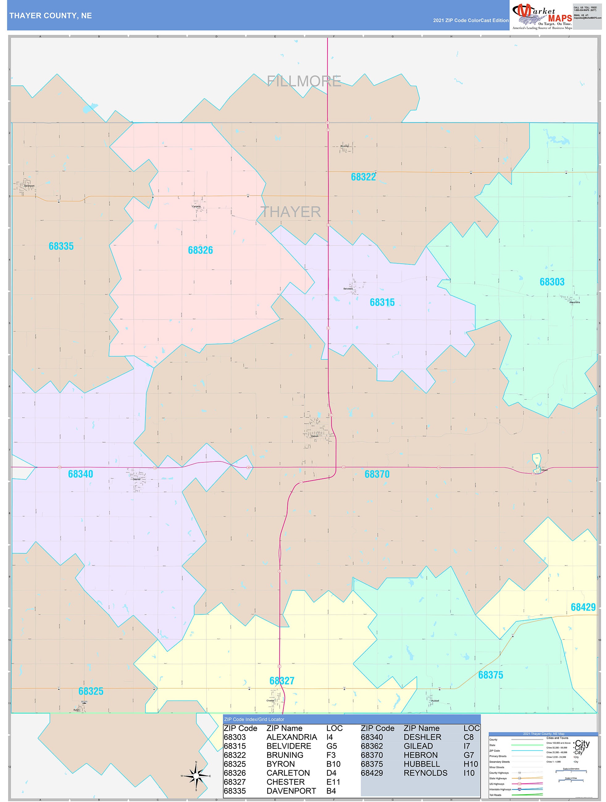 Thayer County, NE Wall Map Color Cast Style by MarketMAPS