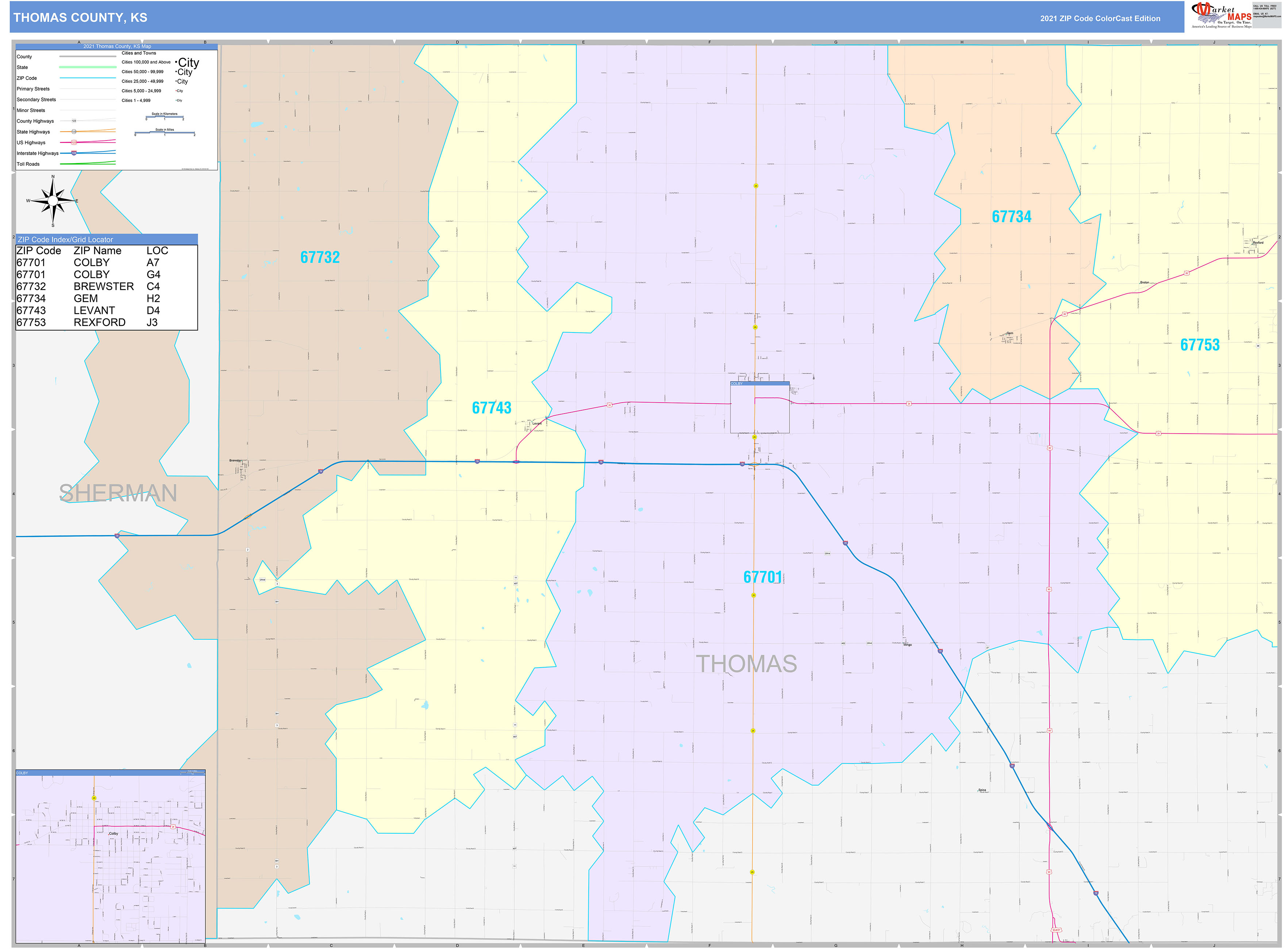 Thomas County, KS Wall Map Color Cast Style by MarketMAPS