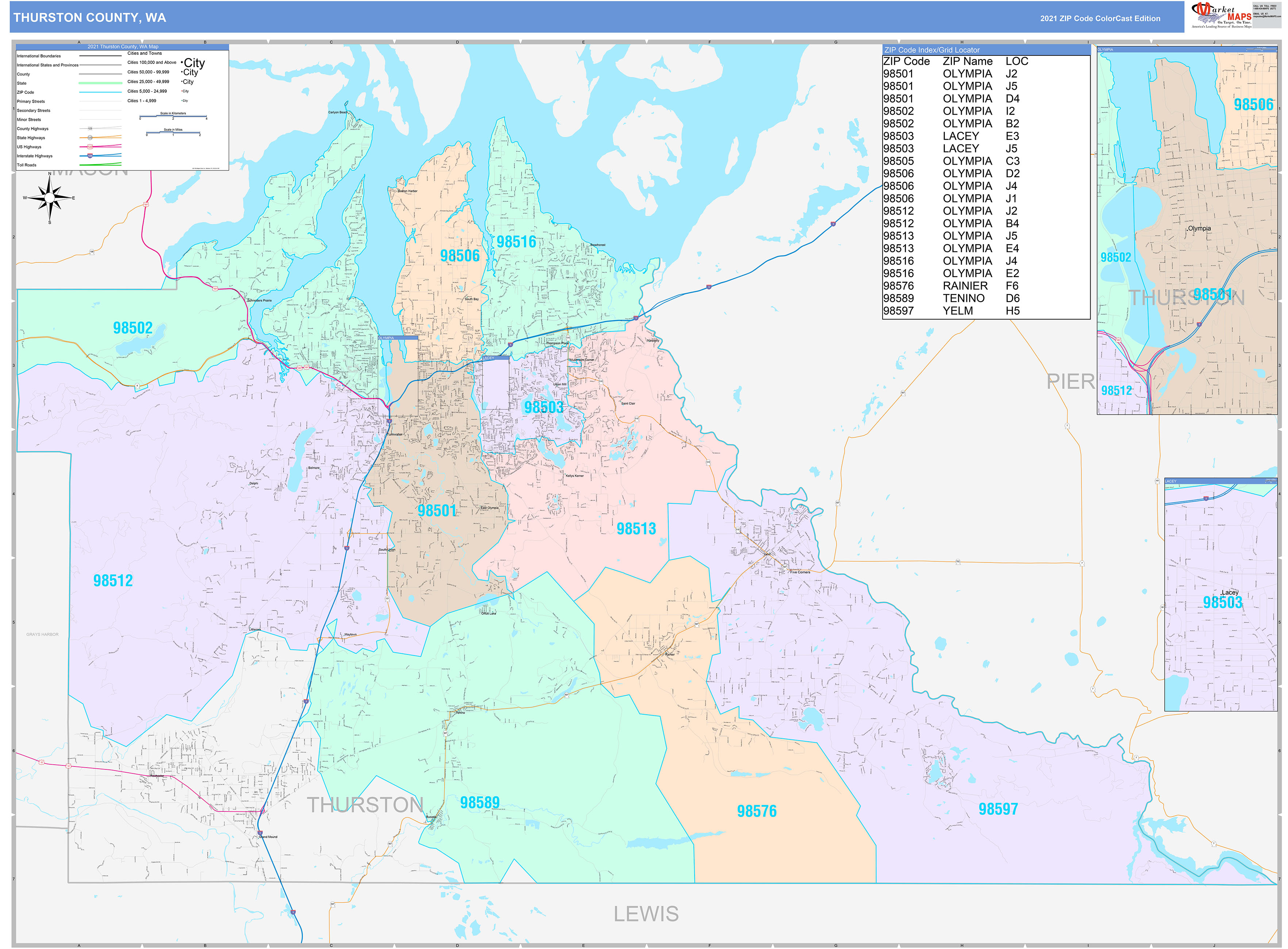 Thurston County, WA Wall Map Color Cast Style by MarketMAPS