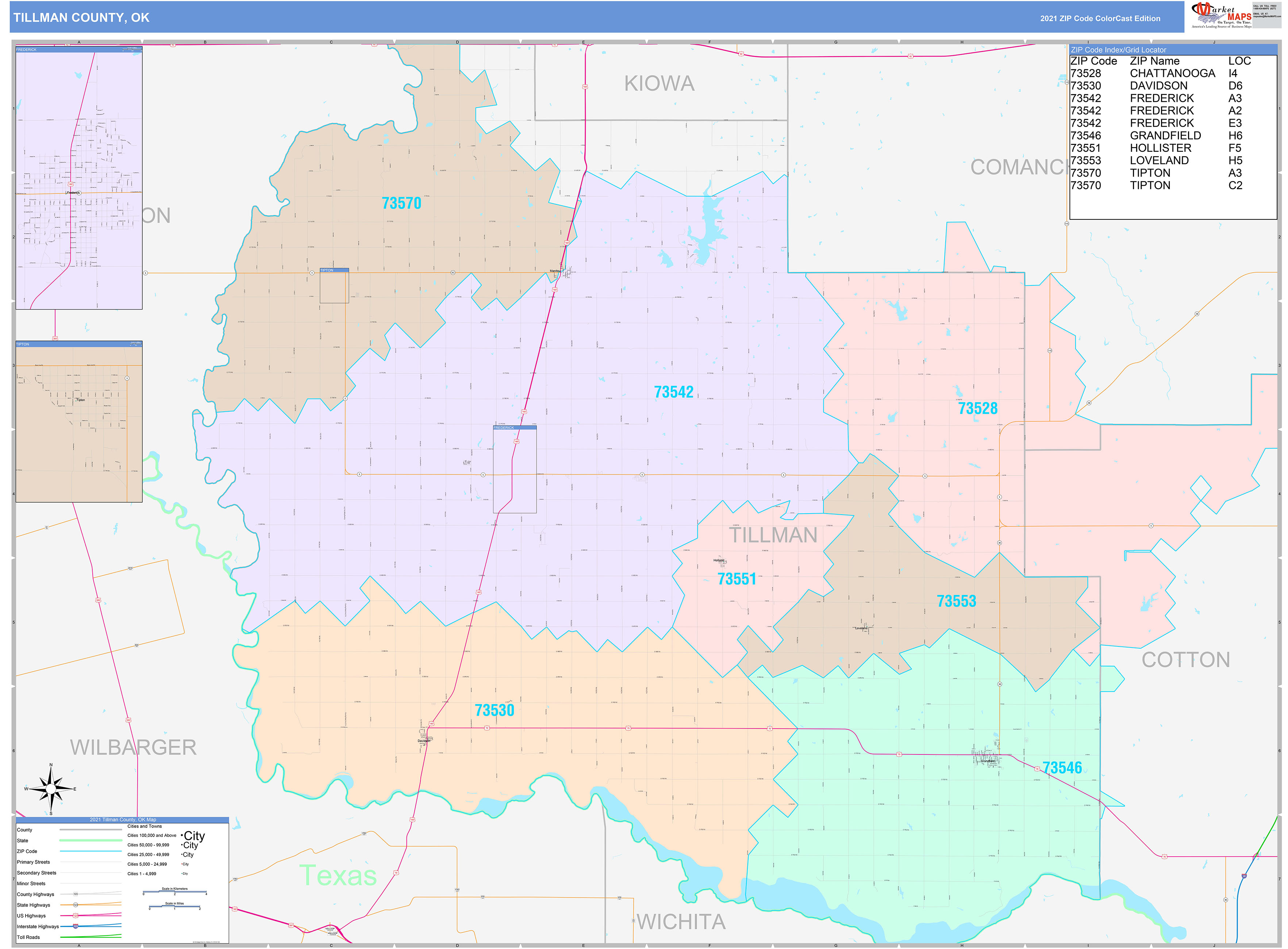 Tillman County, OK Wall Map Color Cast Style by MarketMAPS