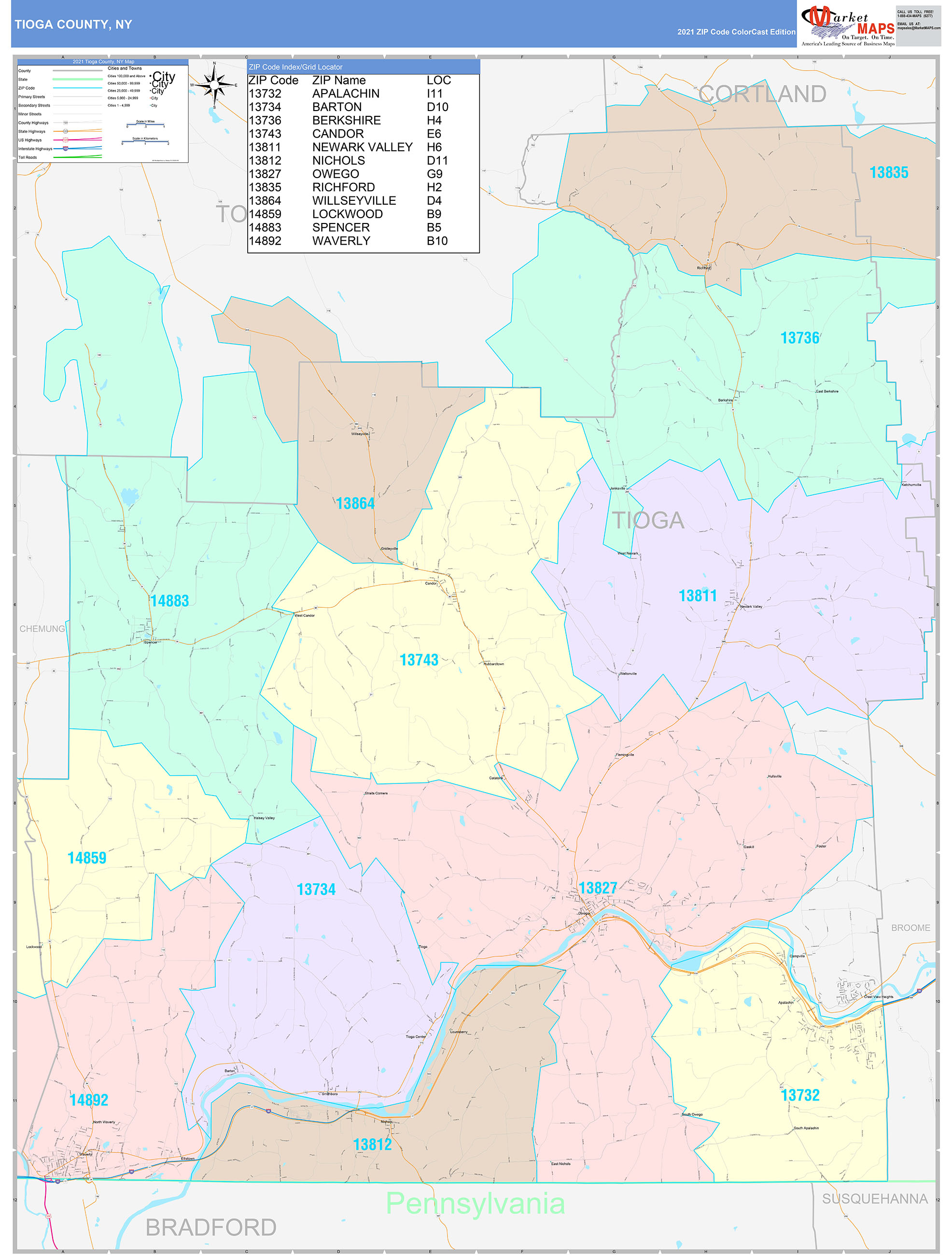 Tioga County, NY Wall Map Color Cast Style by MarketMAPS