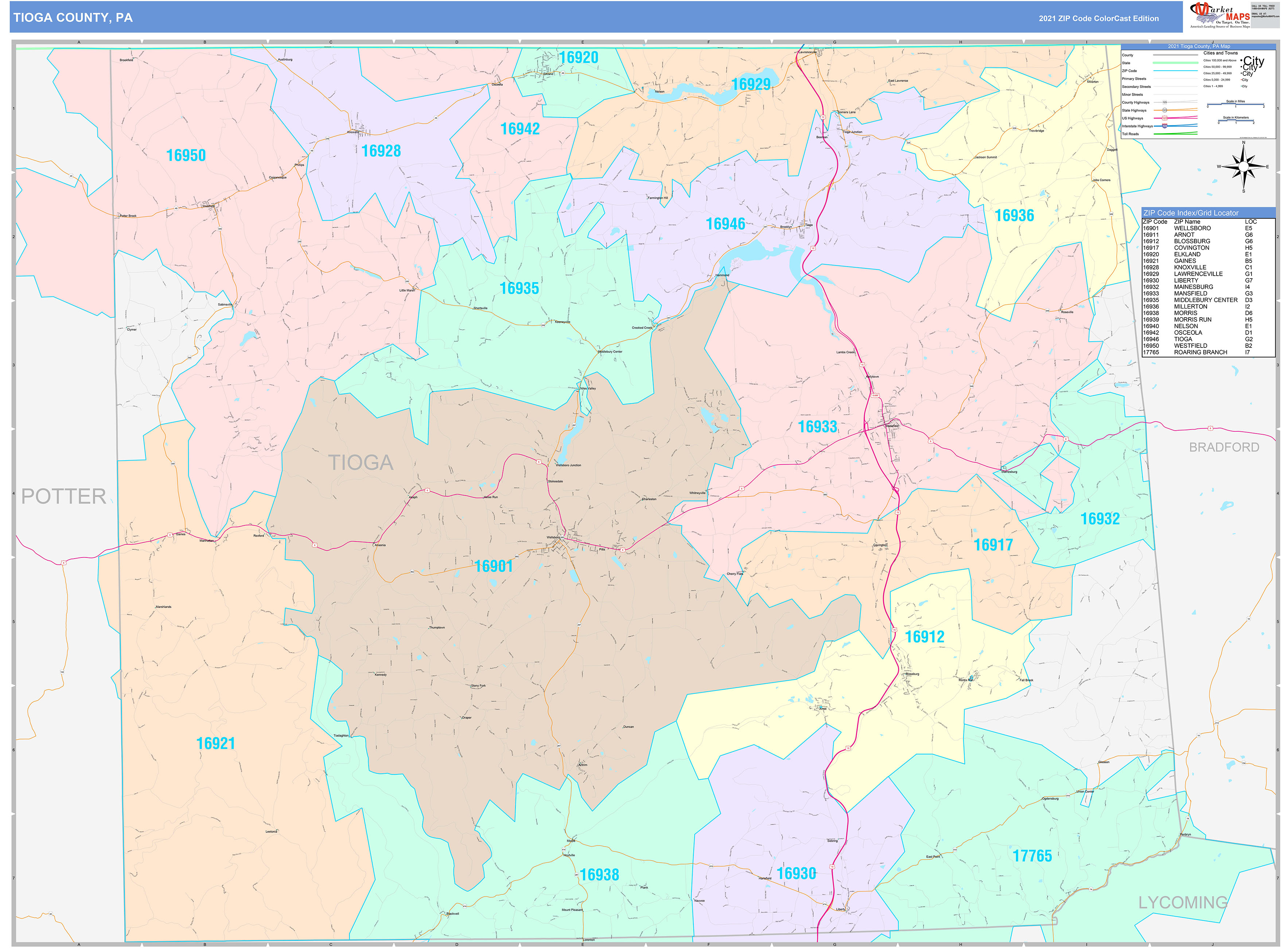 Tioga County, PA Wall Map Color Cast Style by MarketMAPS