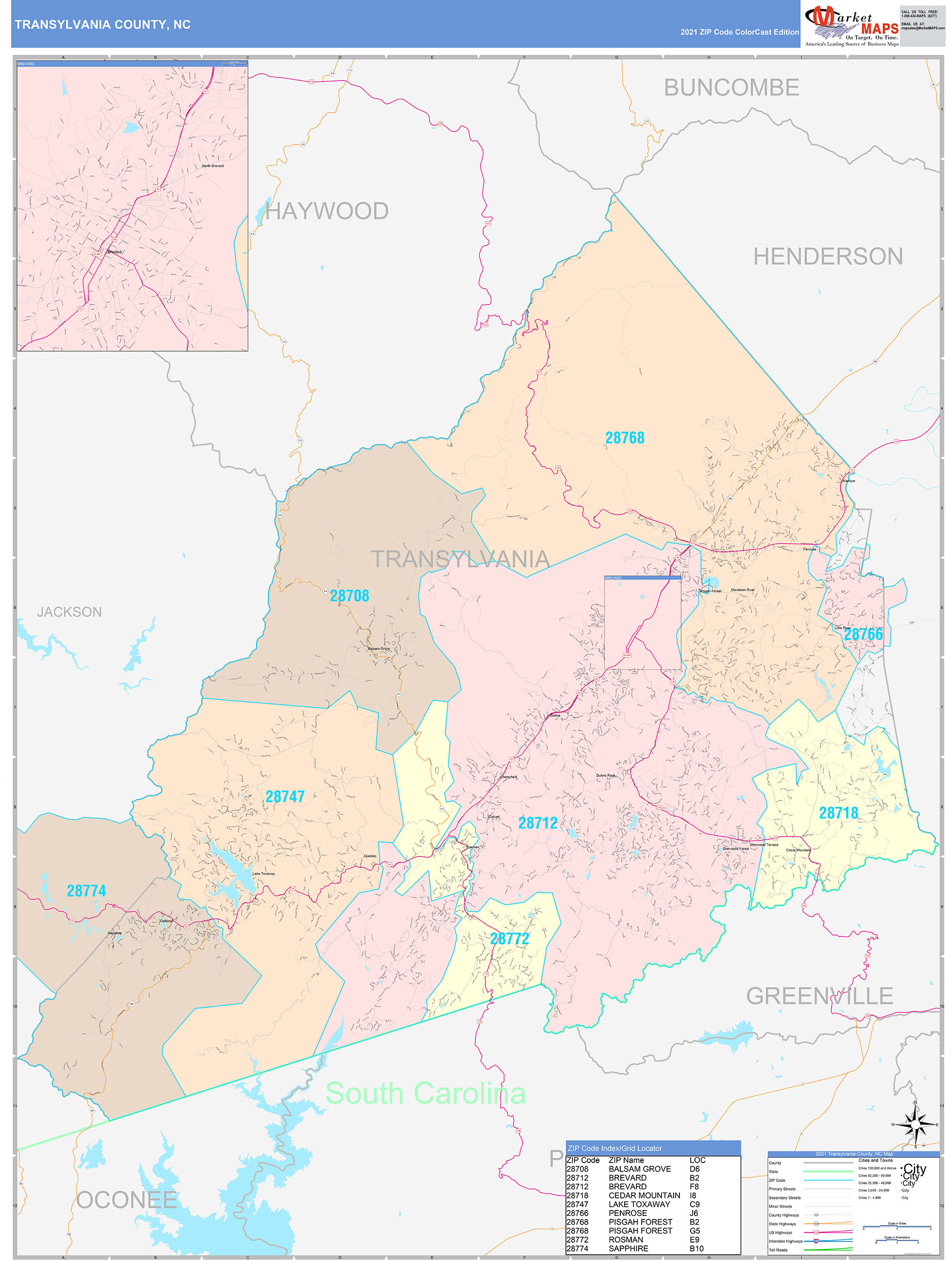 Transylvania County, NC Wall Map Color Cast Style by MarketMAPS