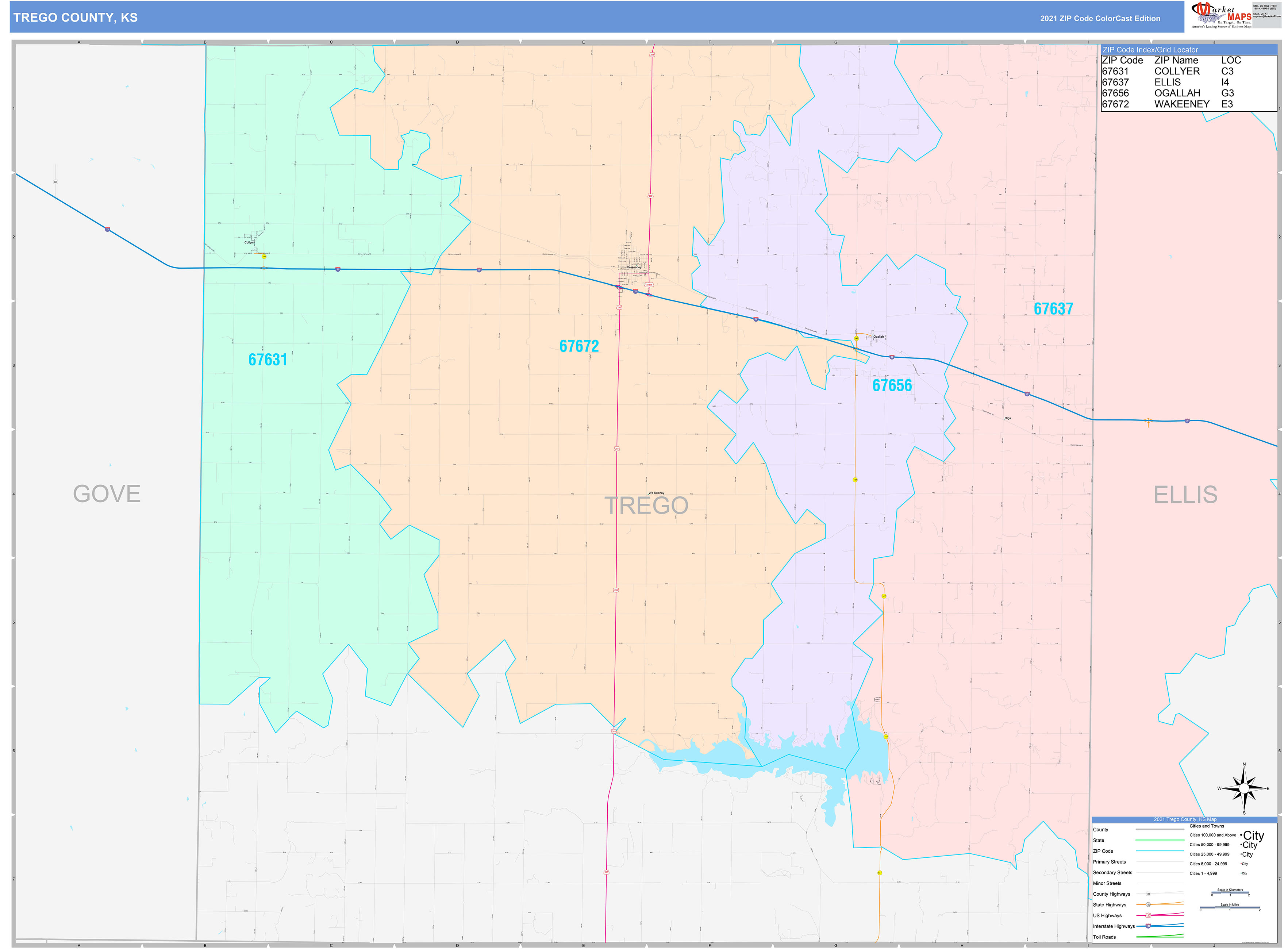 Trego County, KS Wall Map Color Cast Style by MarketMAPS