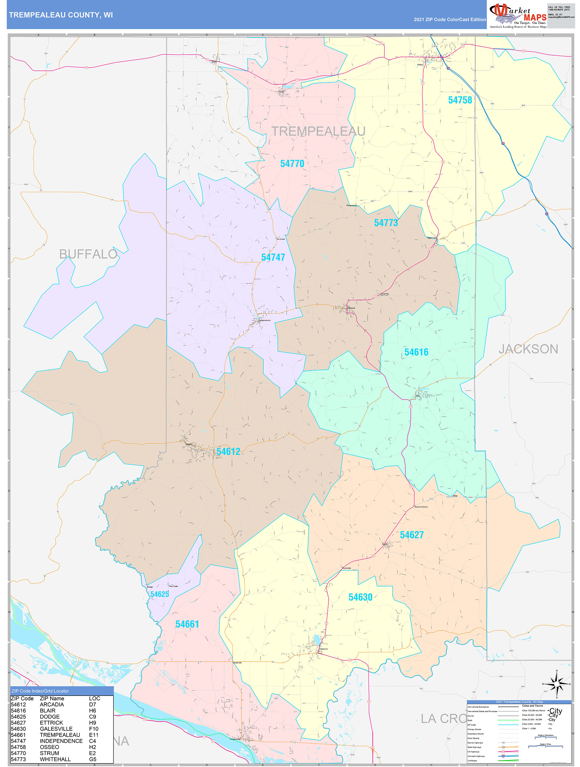 Trempealeau County, WI Wall Map Color Cast Style by MarketMAPS