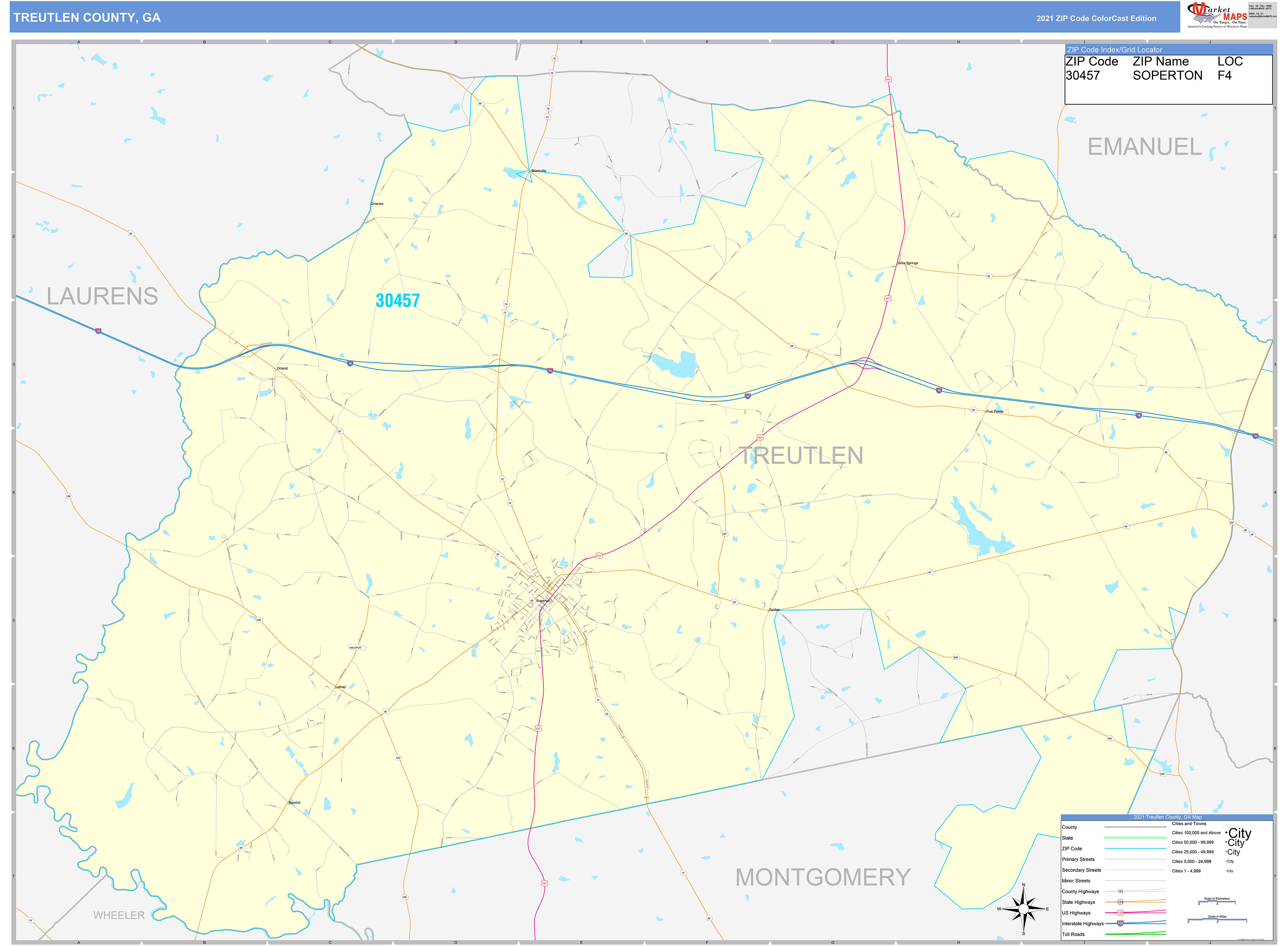 Treutlen County, GA Wall Map Color Cast Style by MarketMAPS
