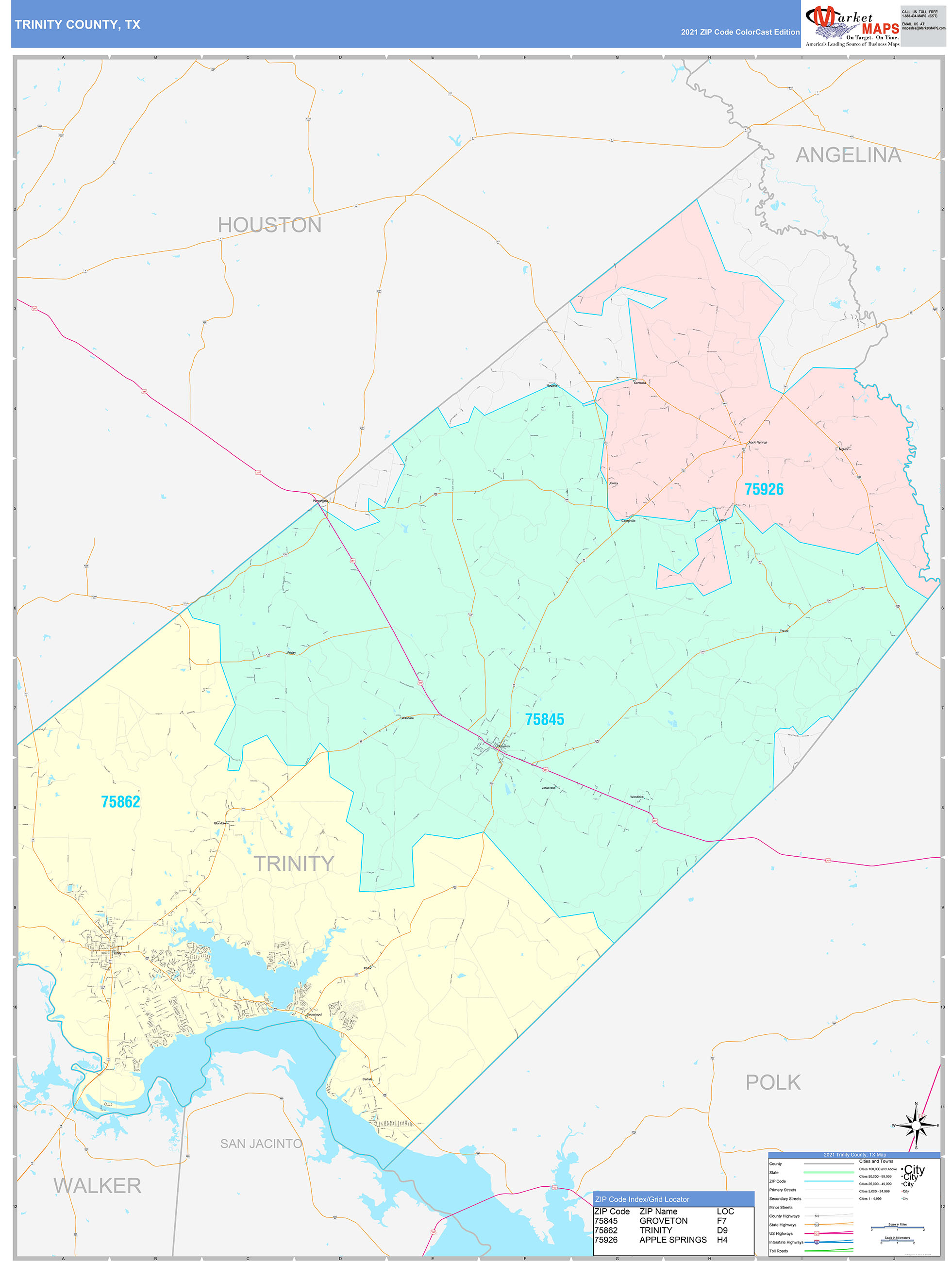 Trinity County, TX Wall Map Color Cast Style by MarketMAPS