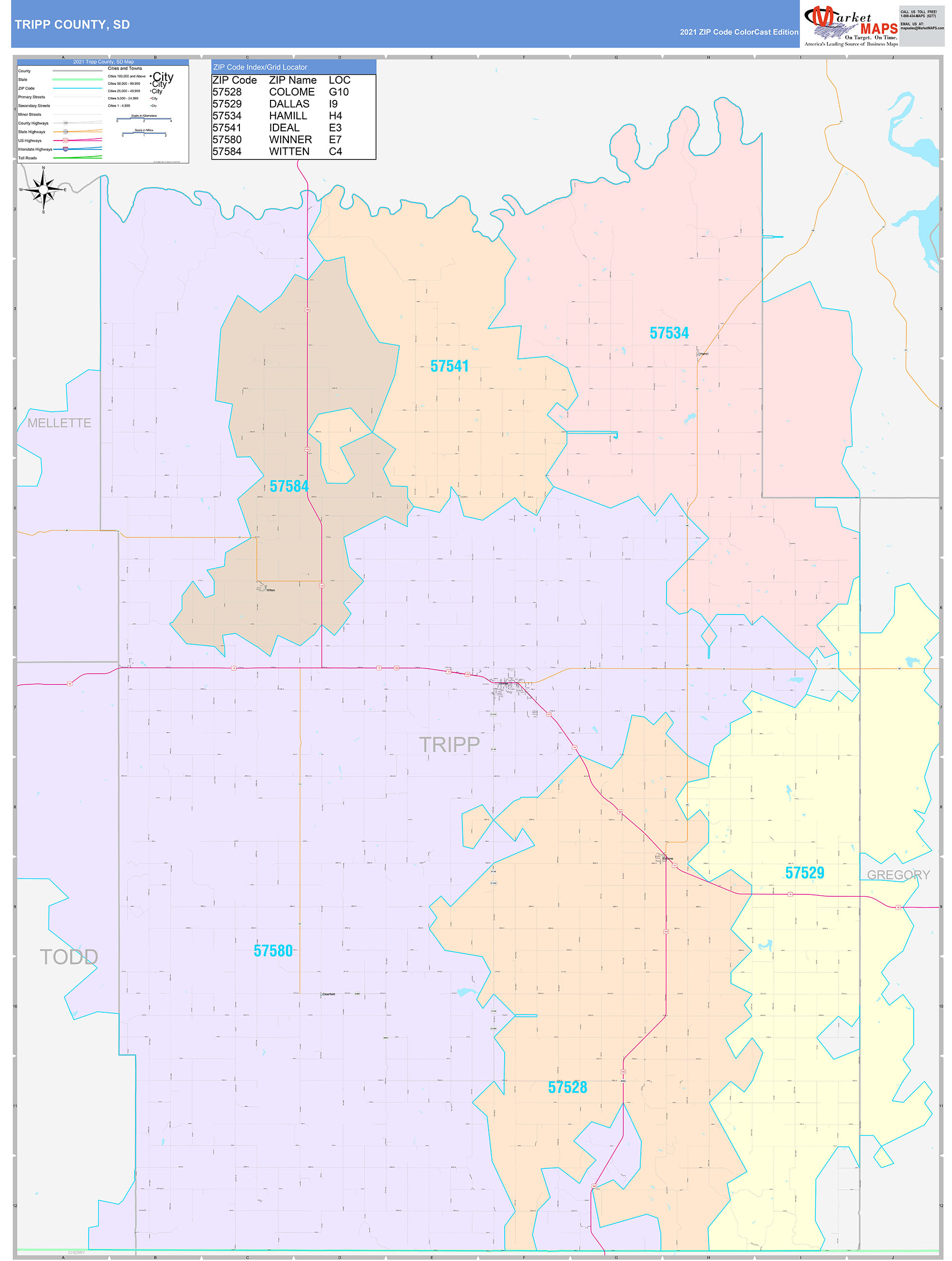 Tripp County, SD Wall Map Color Cast Style by MarketMAPS