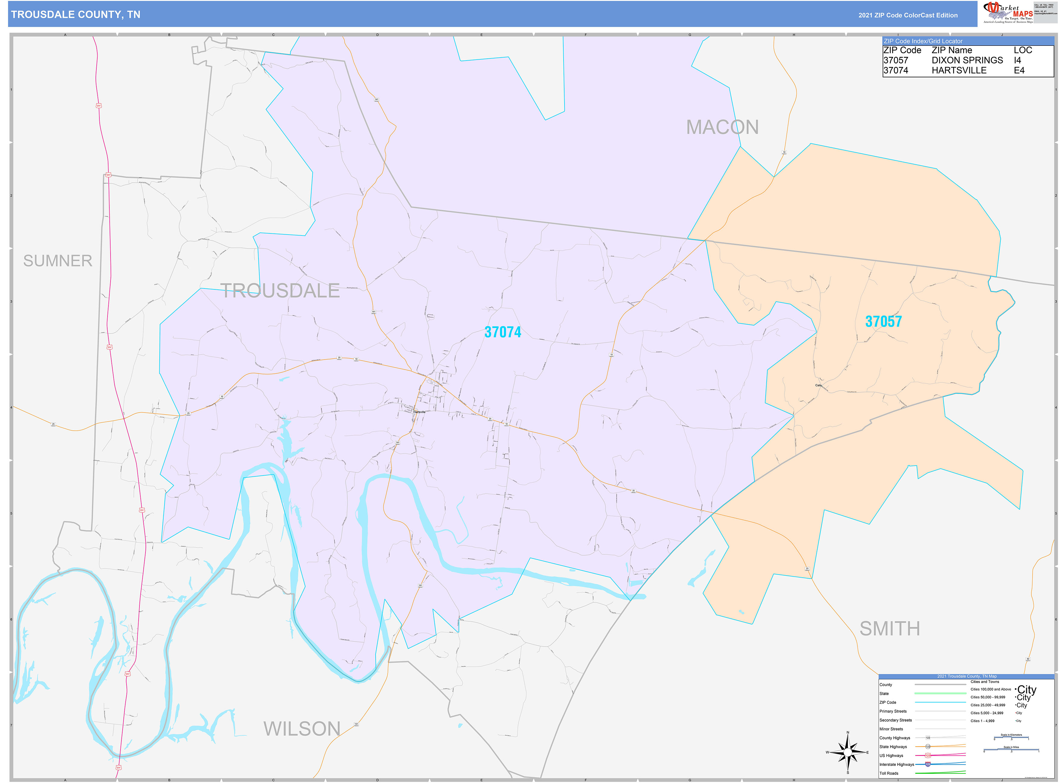 Trousdale County, TN Wall Map Color Cast Style by MarketMAPS