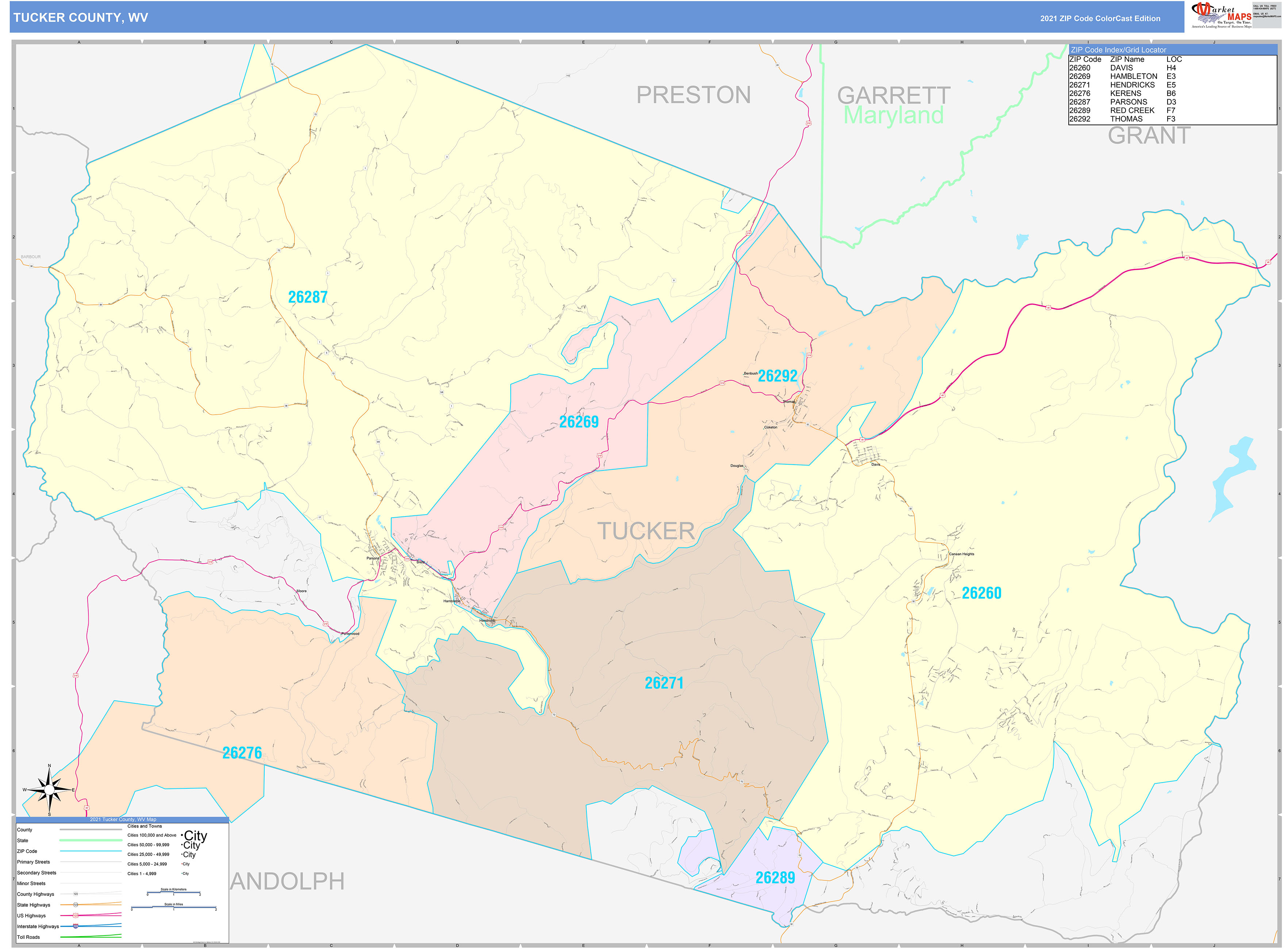 Tucker County, WV Wall Map Color Cast Style by MarketMAPS