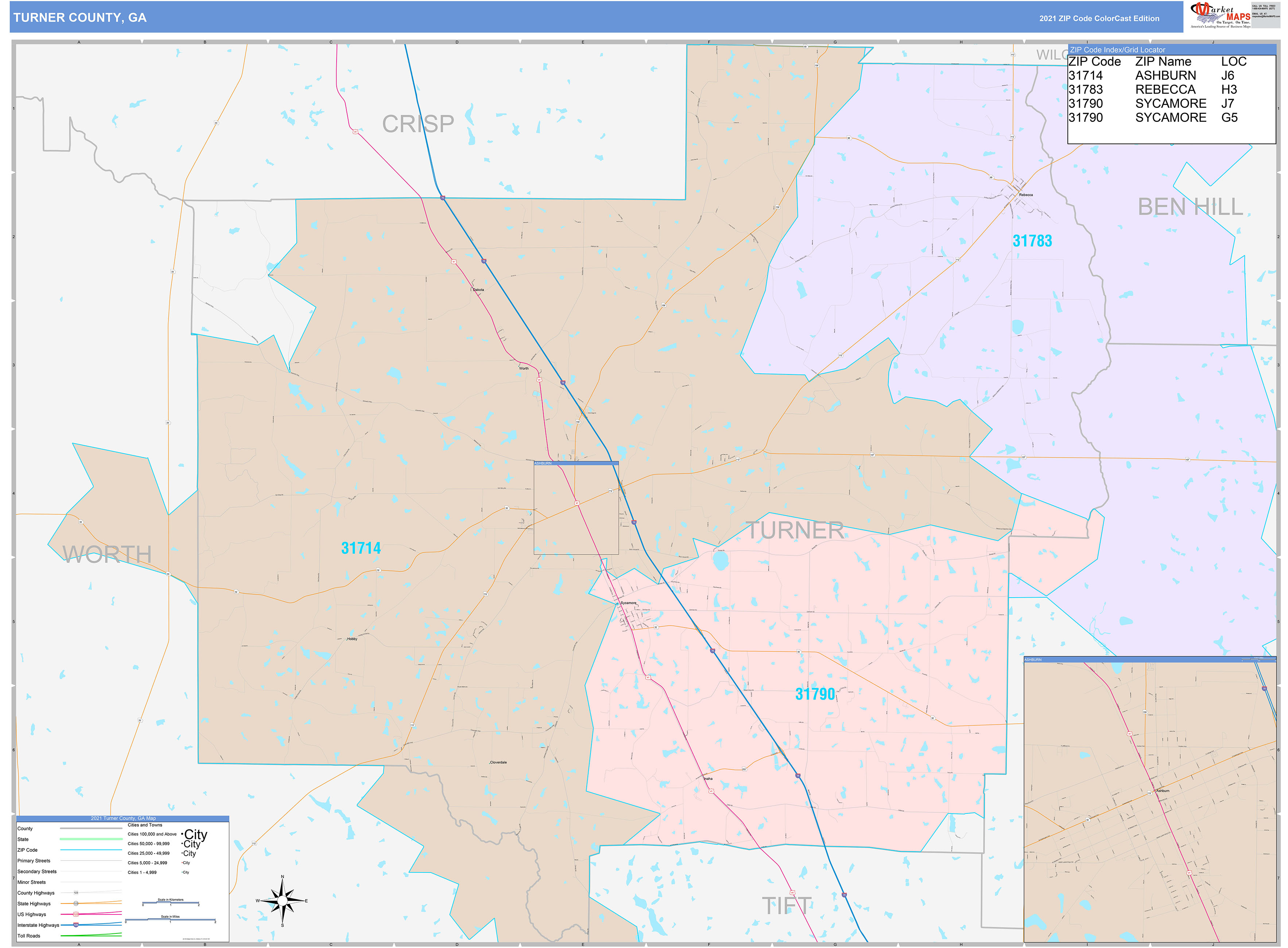 Turner County, GA Wall Map Color Cast Style by MarketMAPS MapSales
