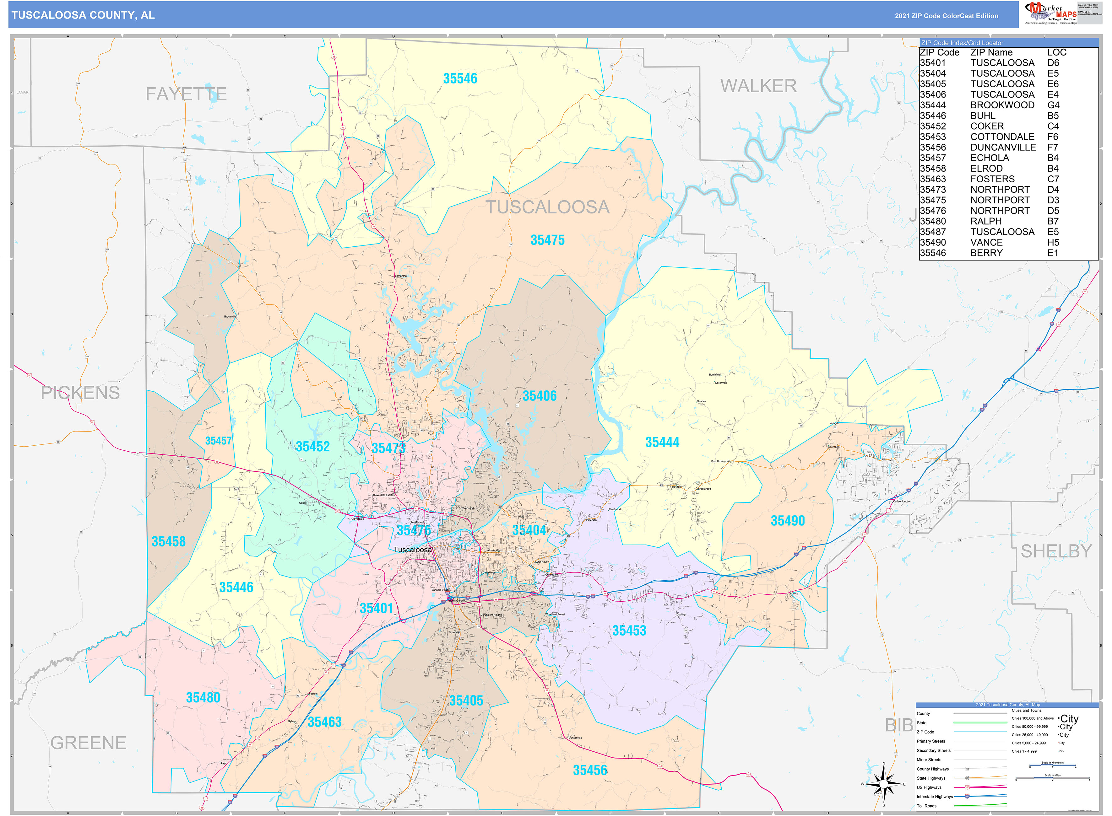 Tuscaloosa County, AL Wall Map Color Cast Style by MarketMAPS