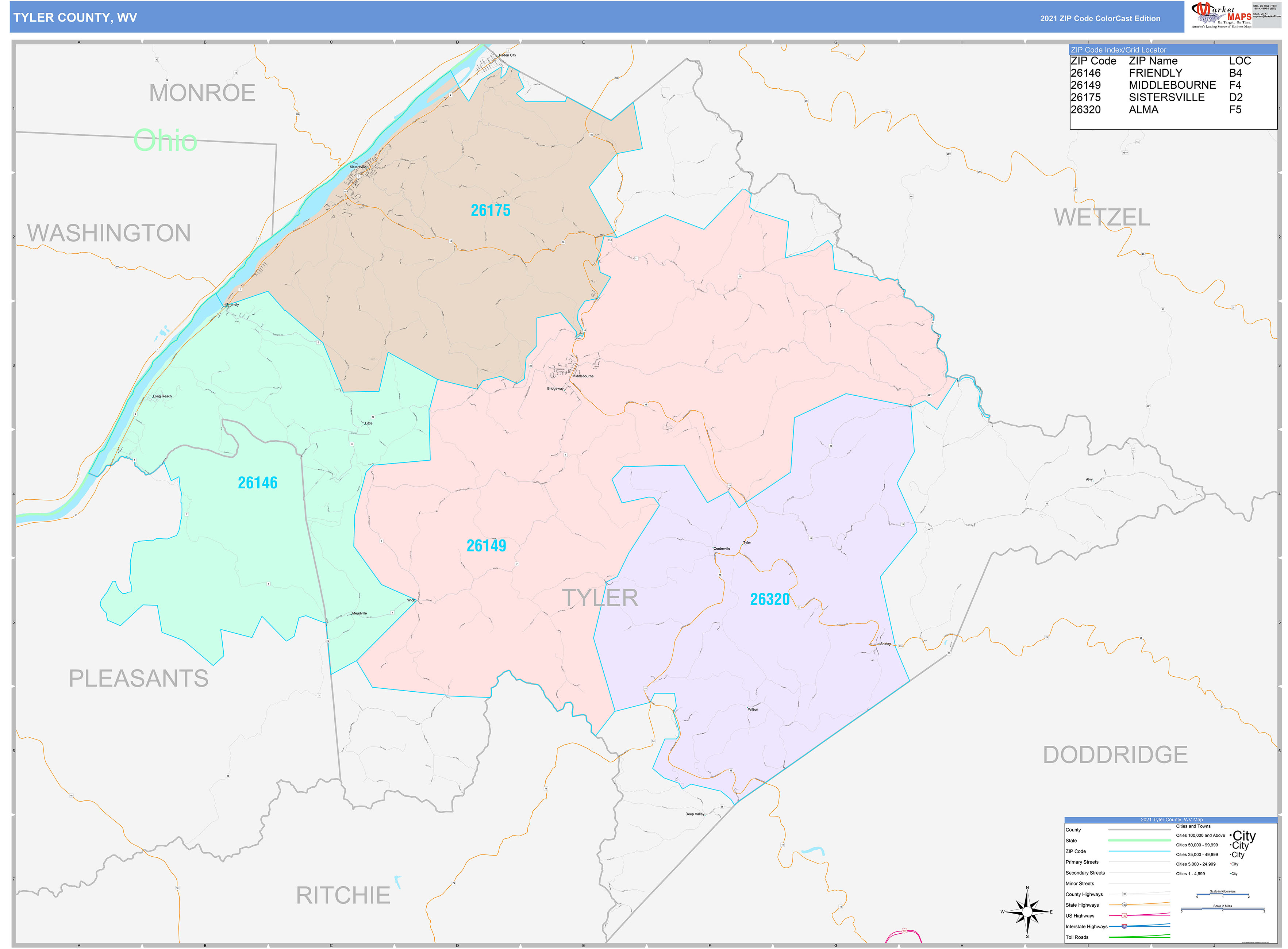 Tyler County, WV Wall Map Color Cast Style by MarketMAPS