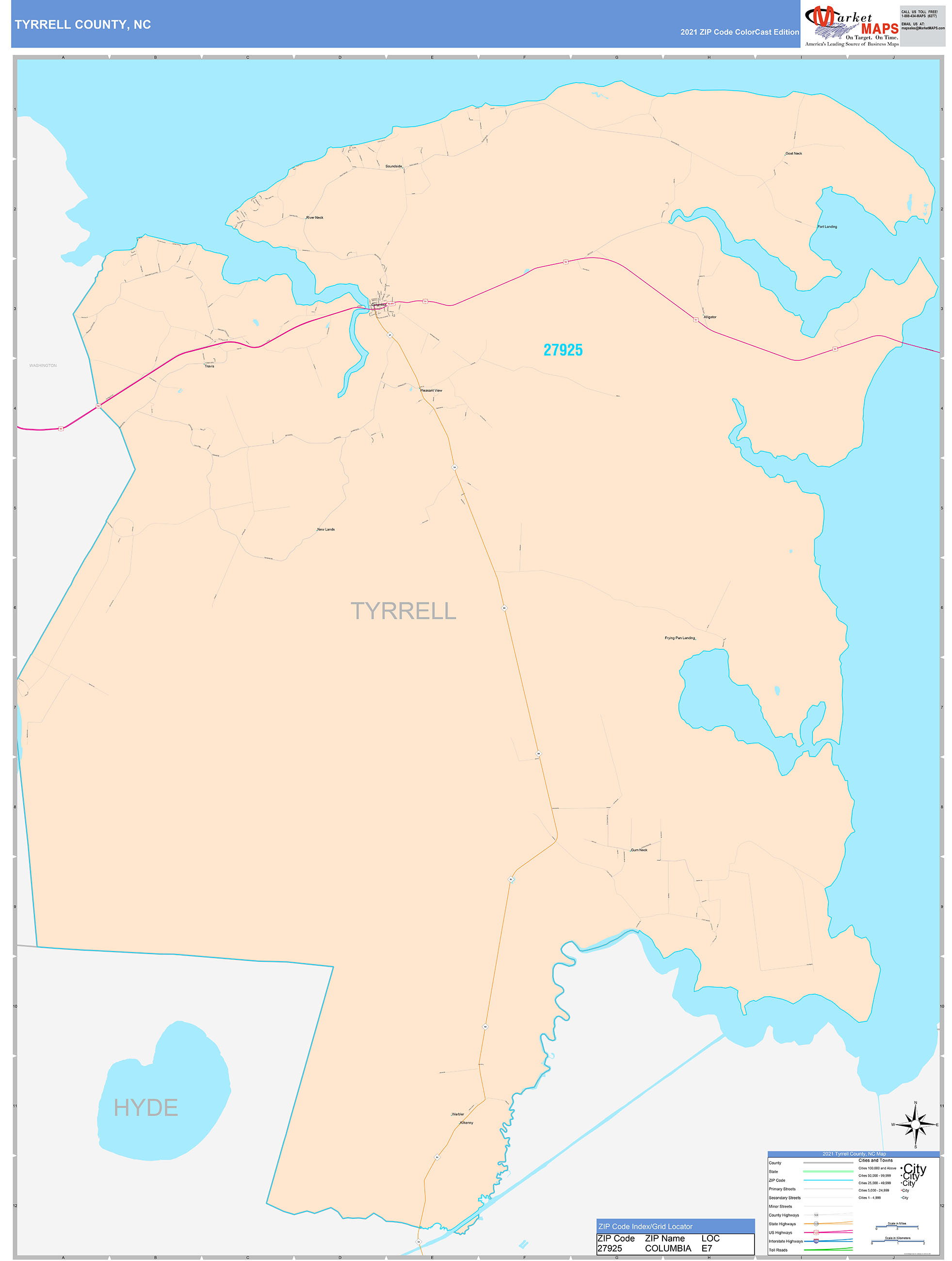 Tyrrell County, NC Wall Map Color Cast Style by MarketMAPS