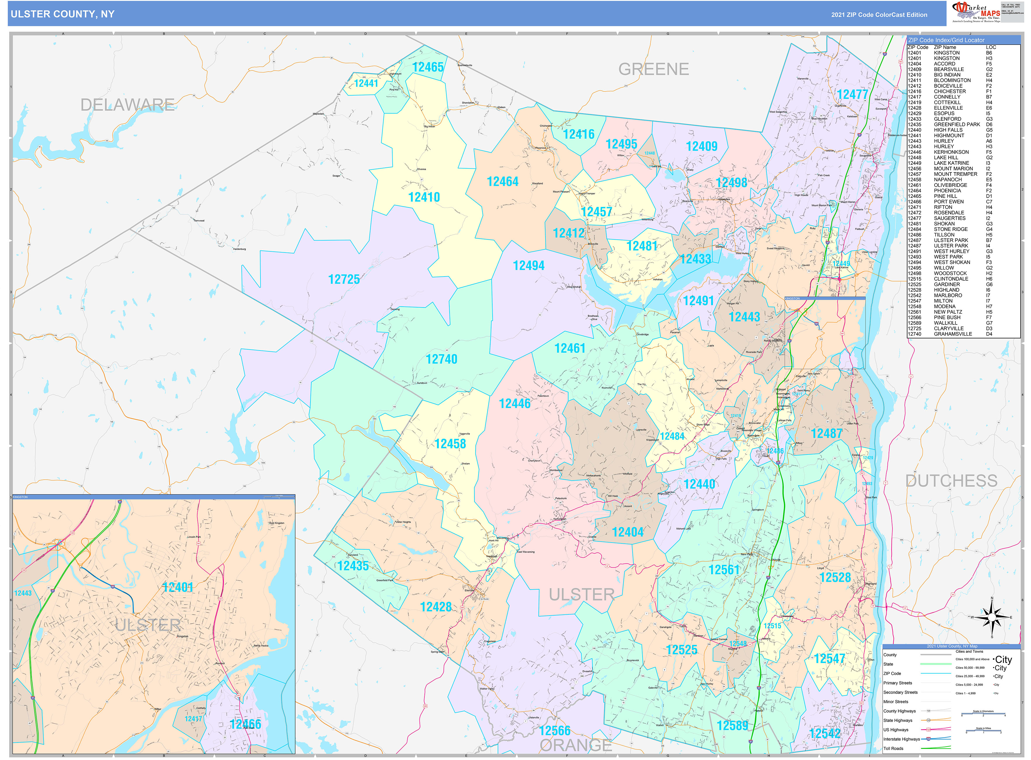 Ulster County, NY Wall Map Color Cast Style by MarketMAPS - MapSales
