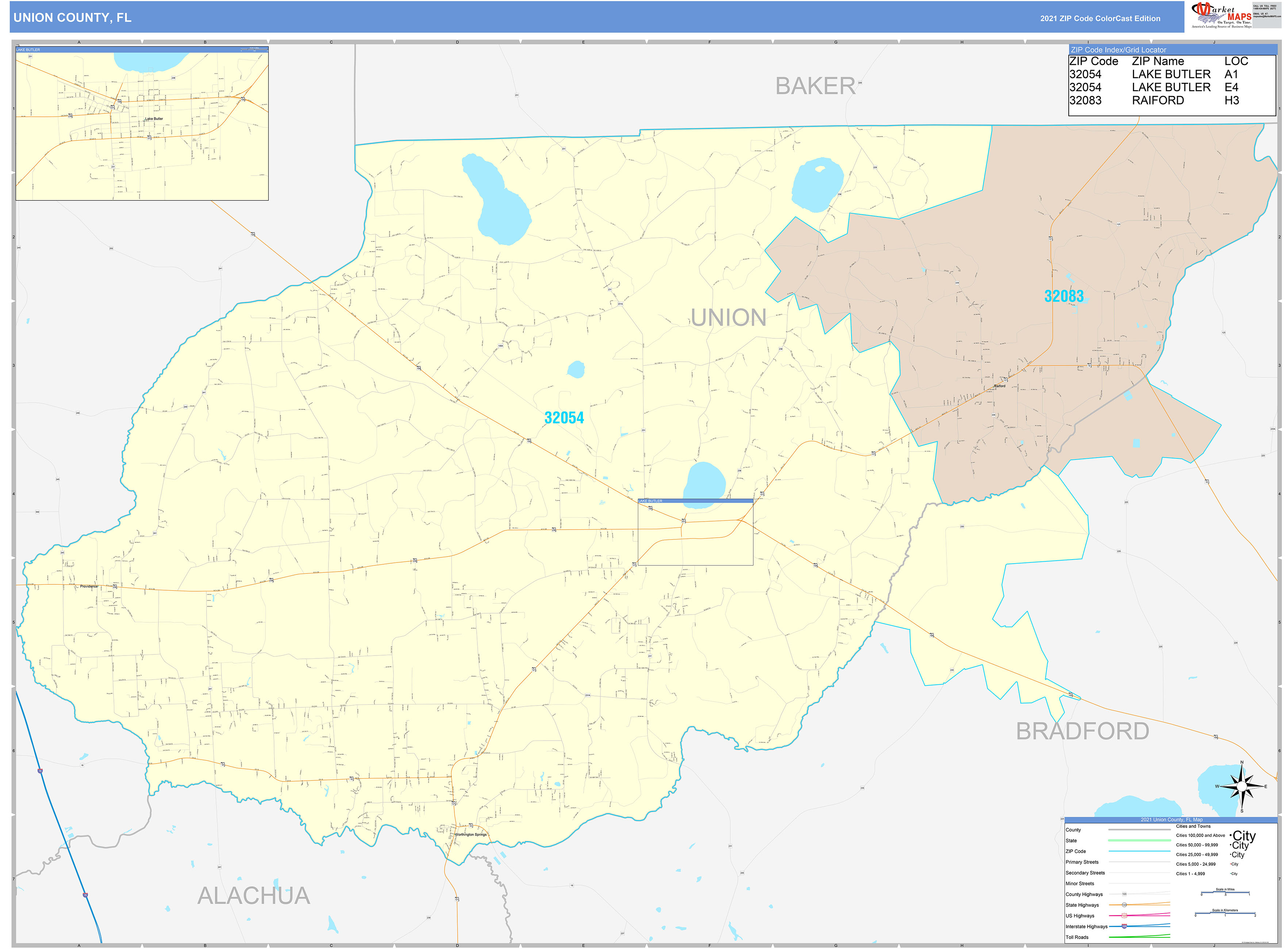 Union County, FL Wall Map Color Cast Style by MarketMAPS