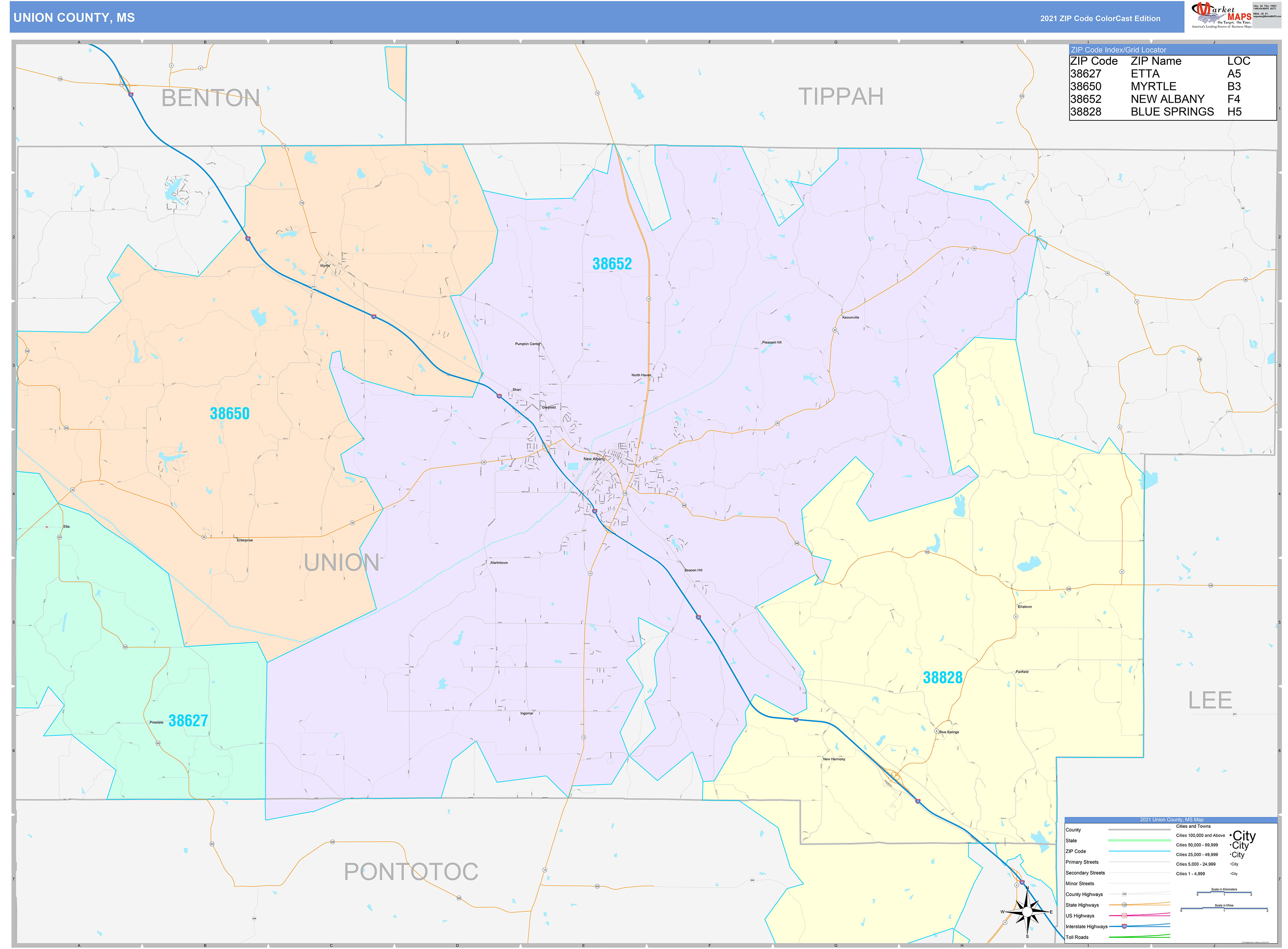 Union County, MS Wall Map Color Cast Style by MarketMAPS