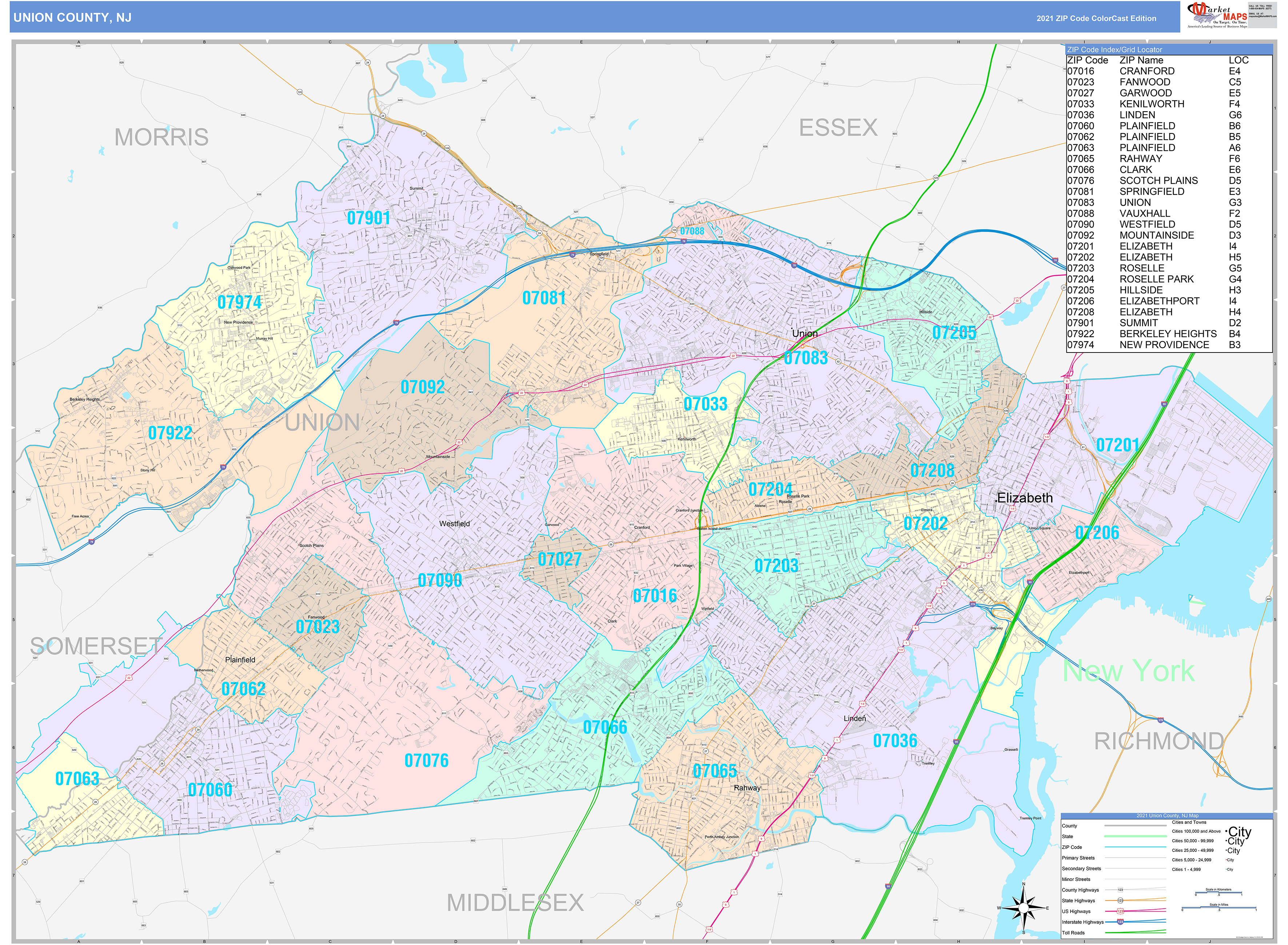 Union County, NJ Wall Map Color Cast Style by MarketMAPS