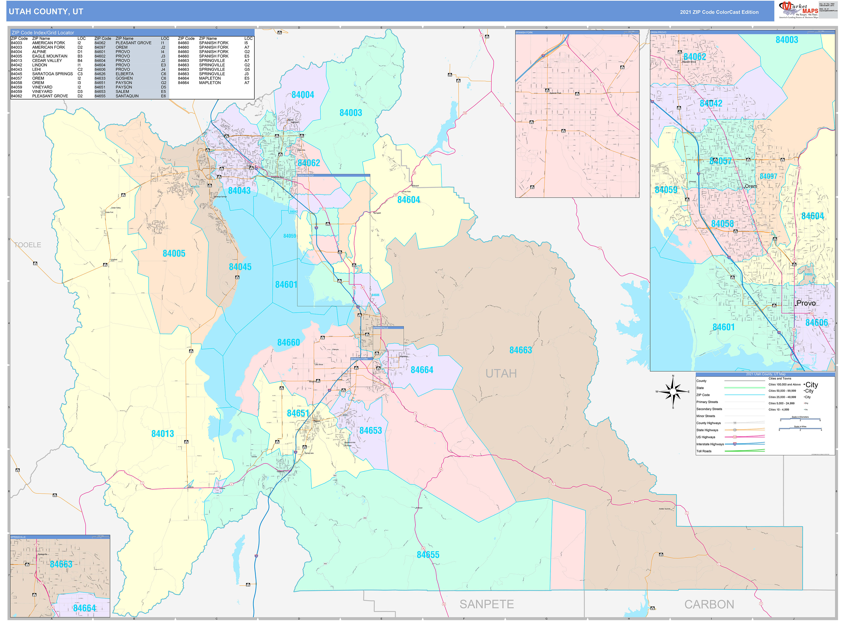 Utah County, UT Wall Map Color Cast Style by MarketMAPS
