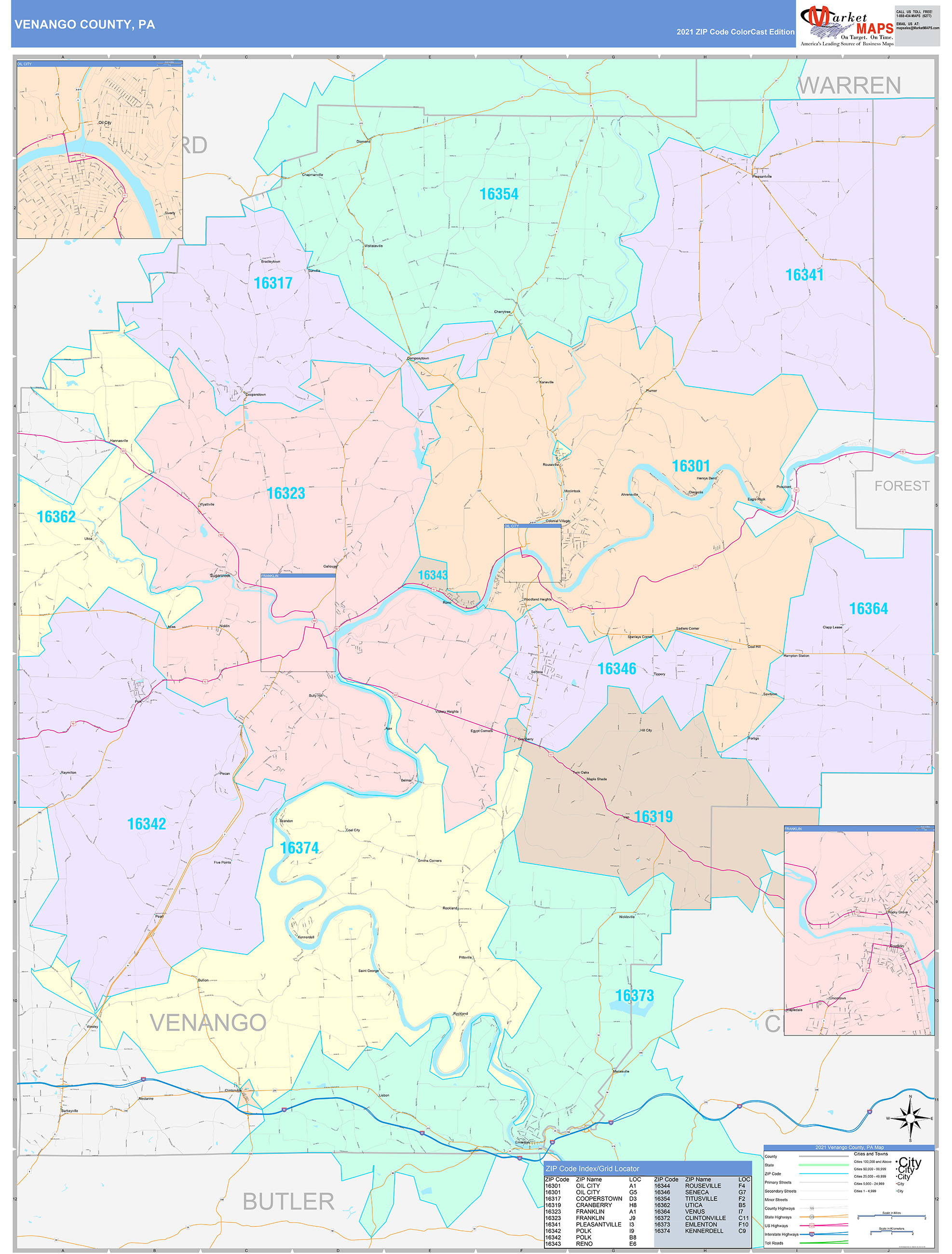 Venango County, PA Wall Map Color Cast Style by MarketMAPS - MapSales.com