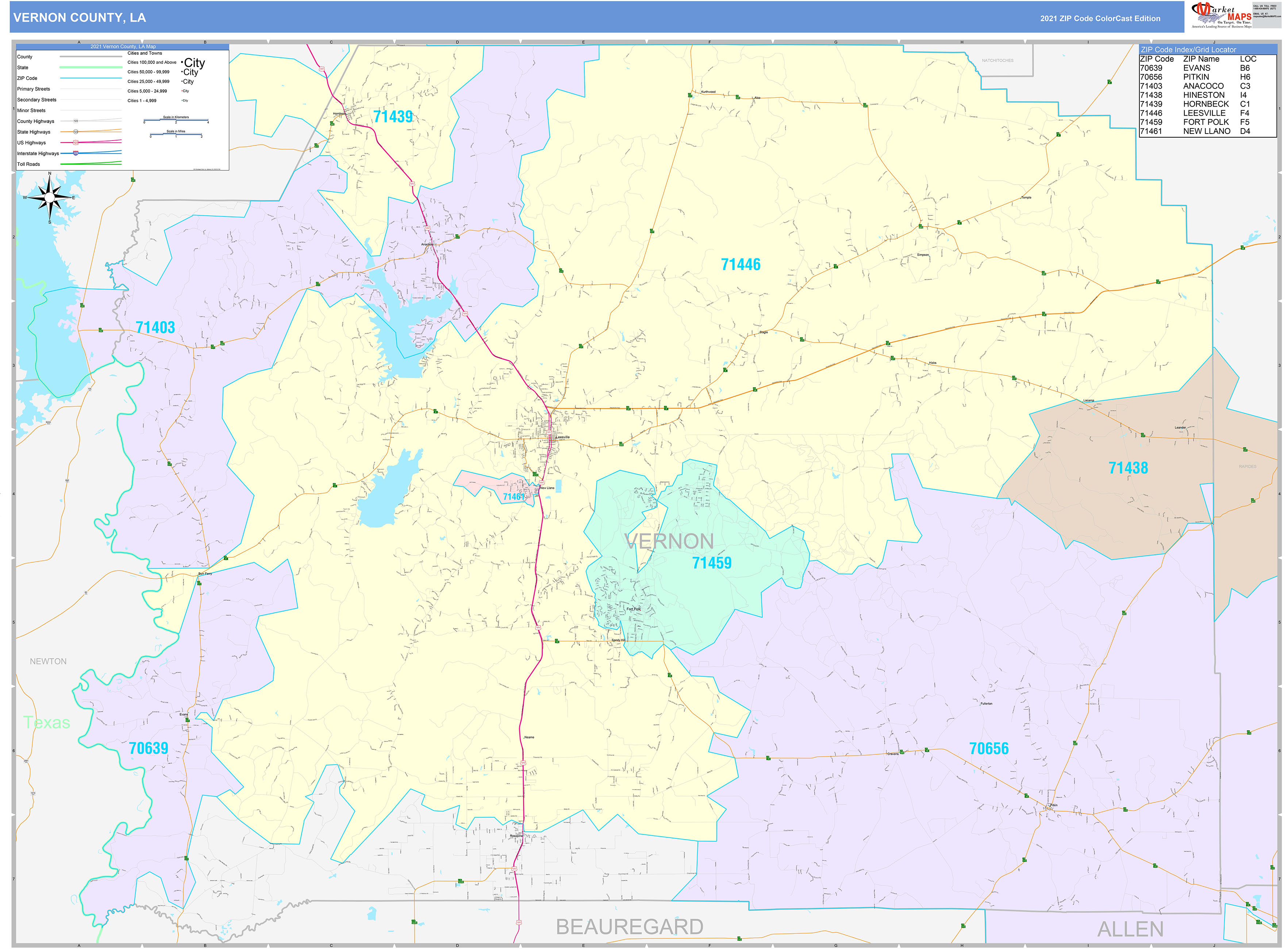 Vernon County, LA Wall Map Color Cast Style by MarketMAPS