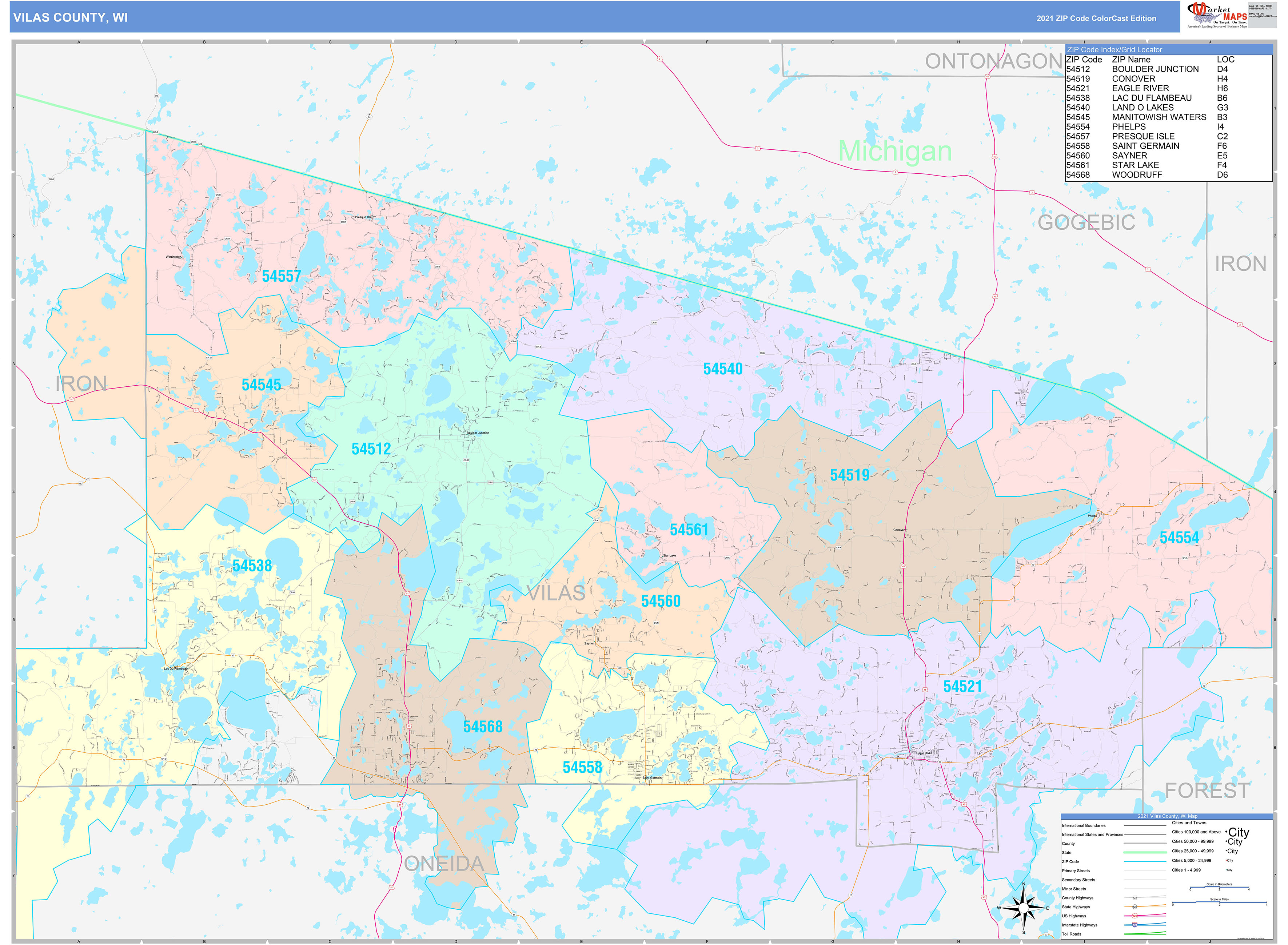 Vilas County, WI Wall Map Color Cast Style by MarketMAPS