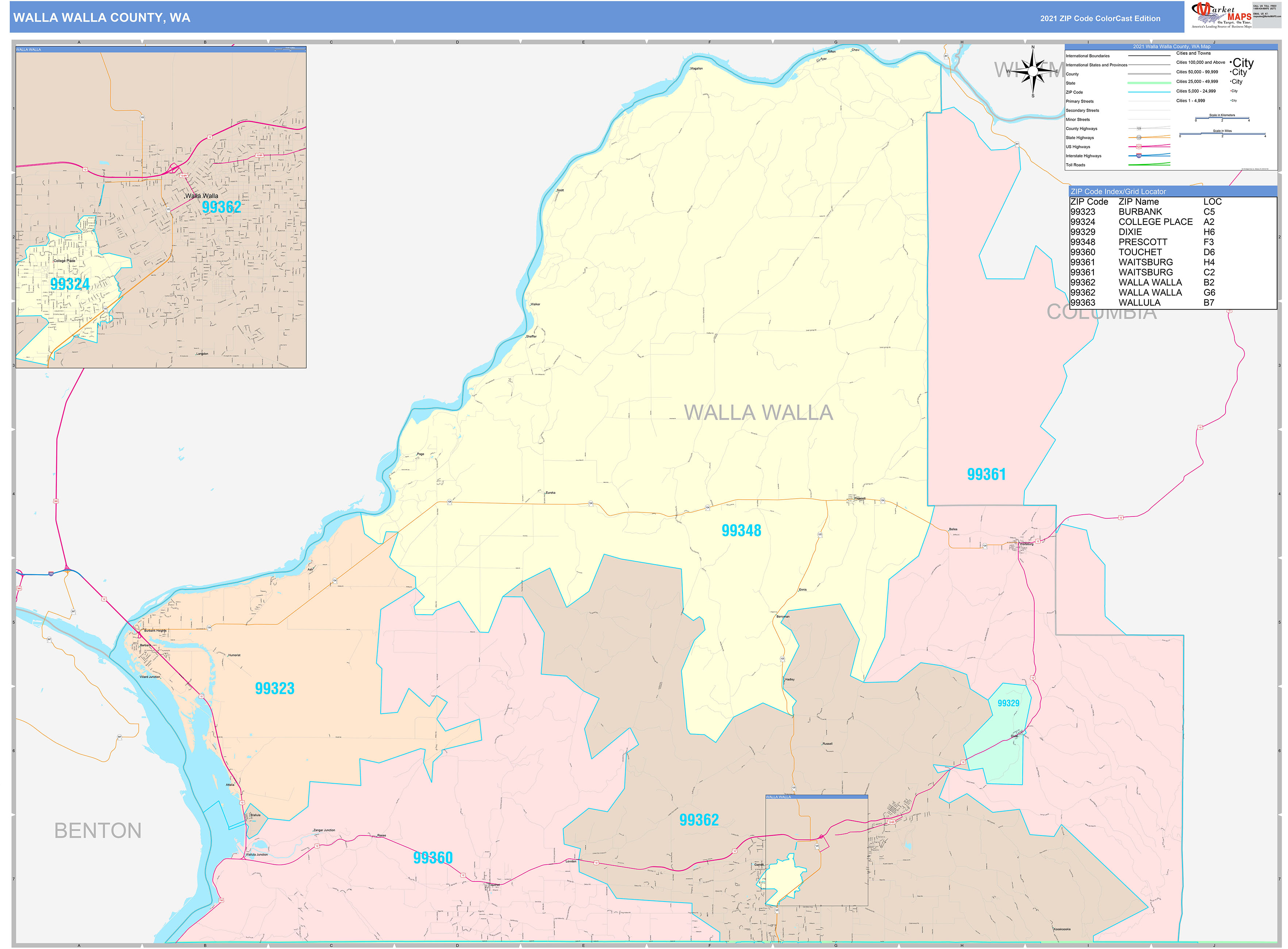 Walla Walla County, WA Wall Map Color Cast Style by MarketMAPS