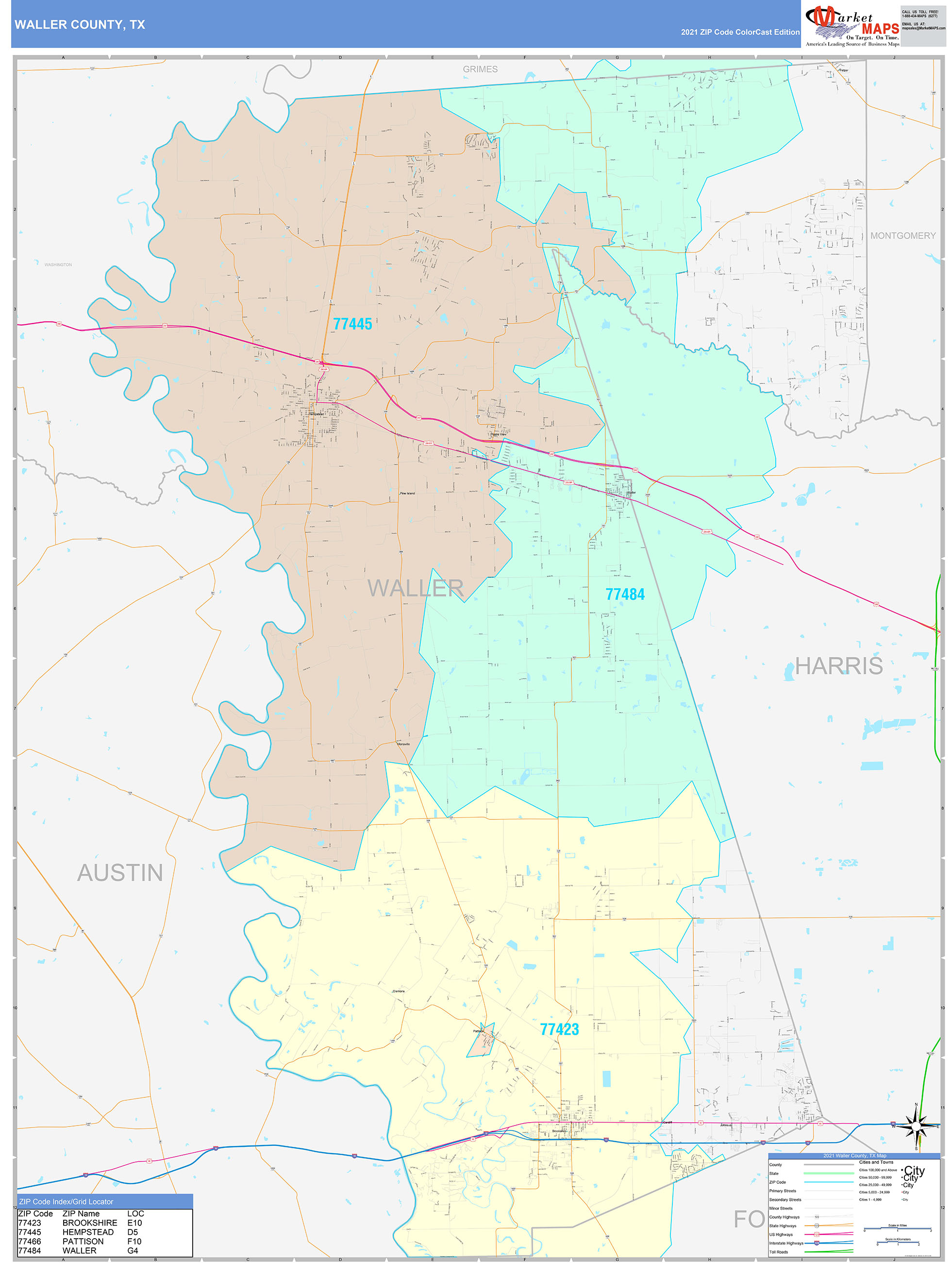 Waller County, TX Wall Map Color Cast Style by MarketMAPS