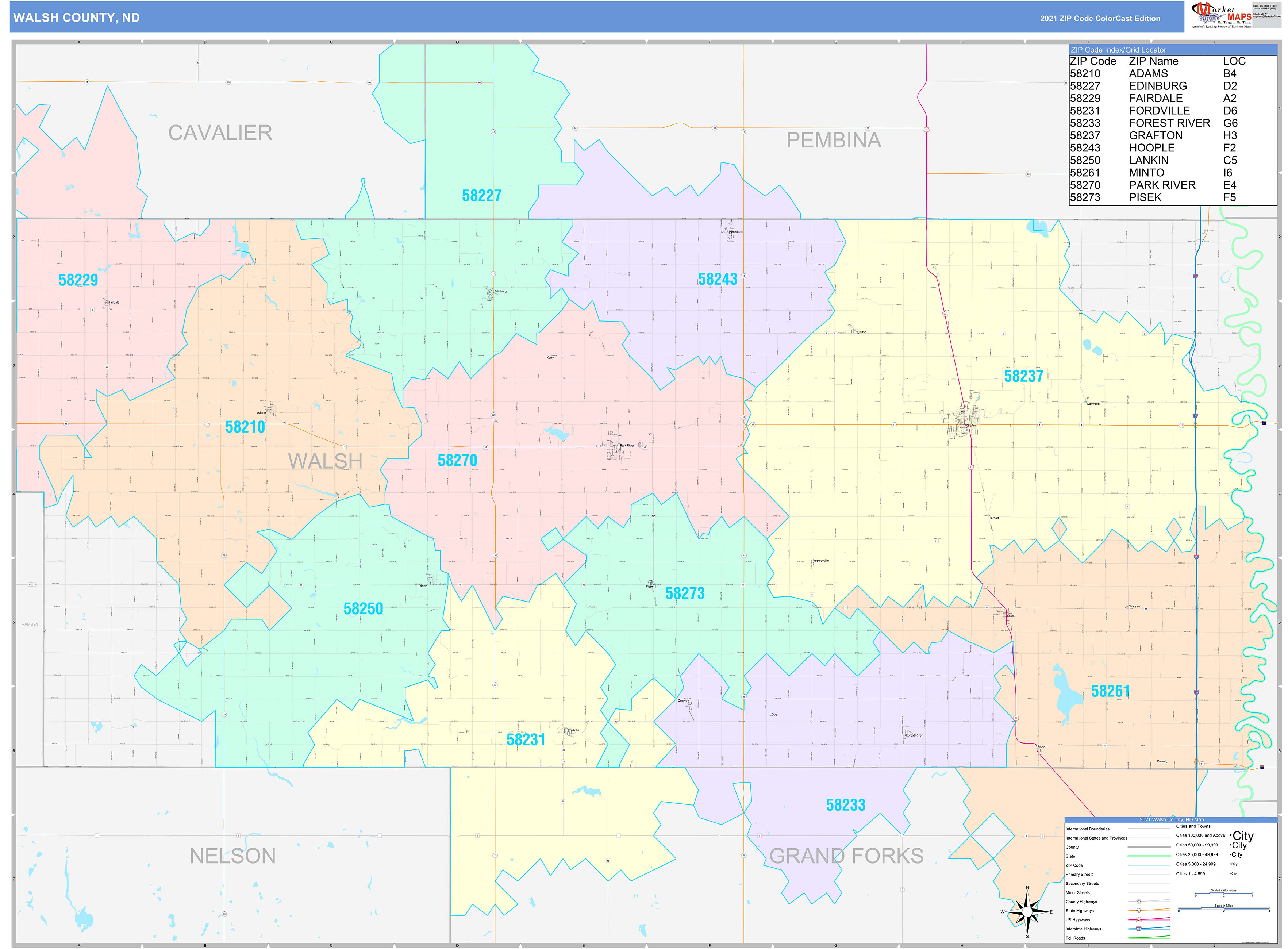Walsh County, ND Wall Map Color Cast Style by MarketMAPS