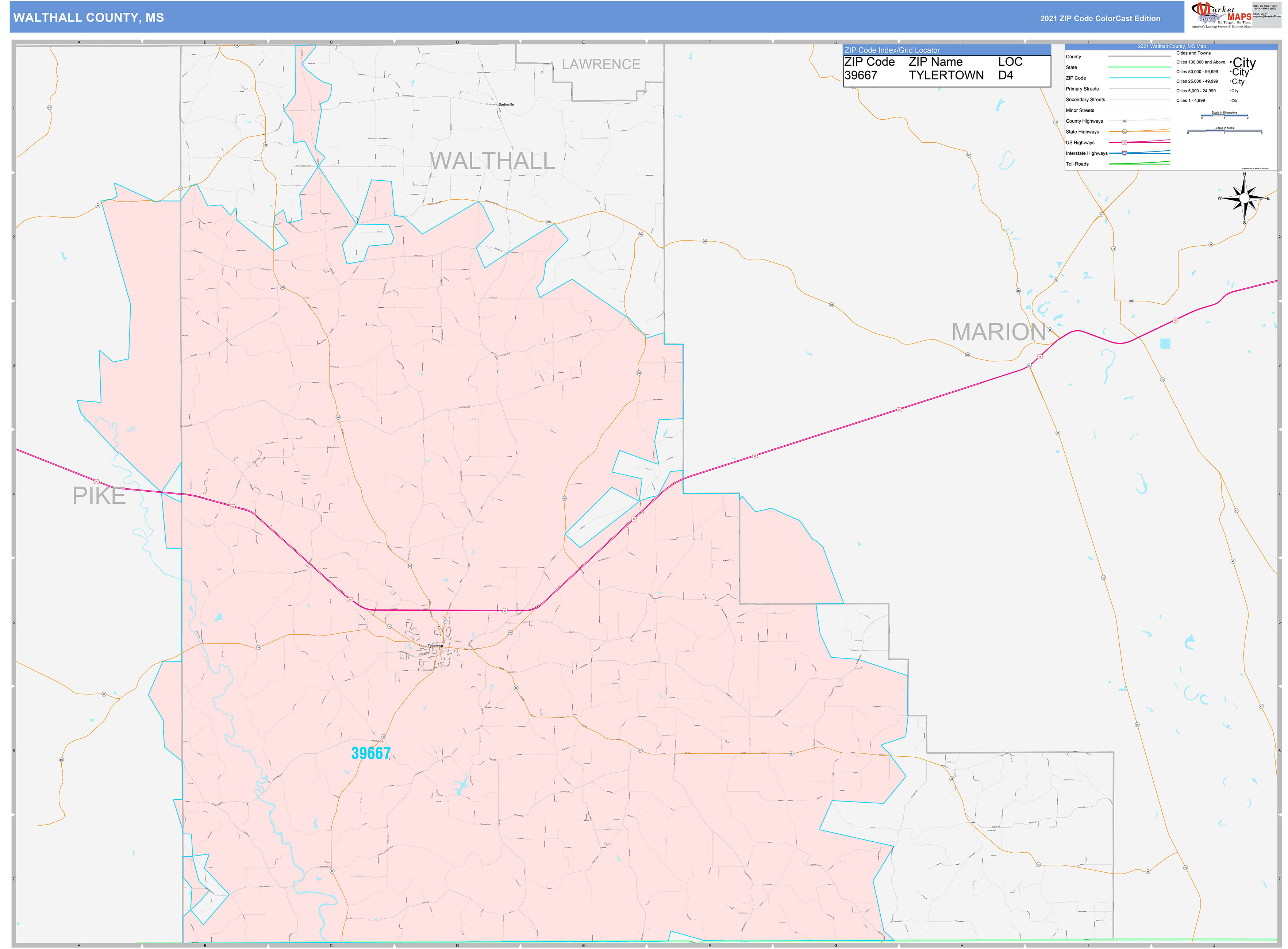 Walthall County, MS Wall Map Color Cast Style by MarketMAPS