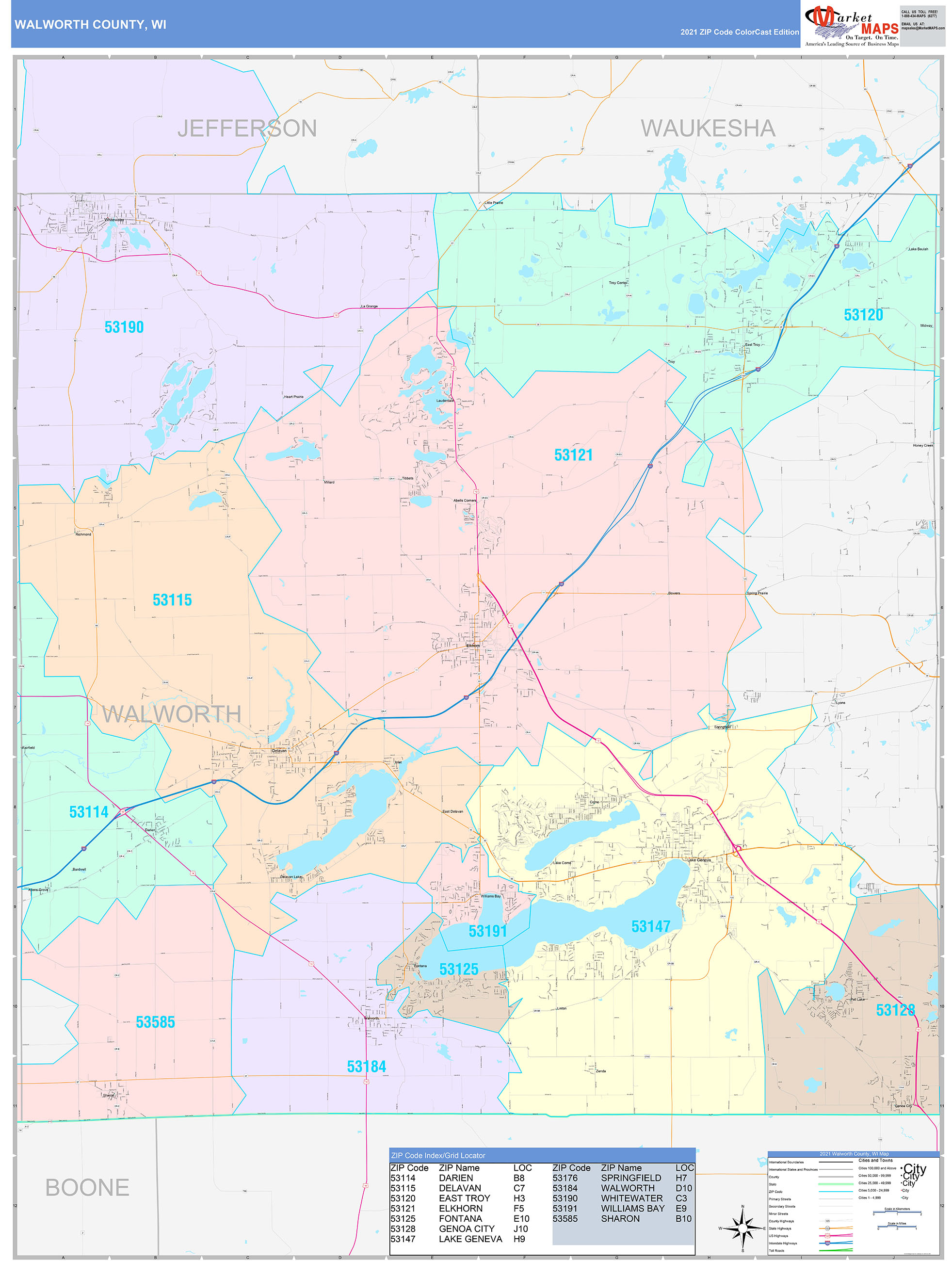 Walworth County WI Wall Map Color Cast Style by MarketMAPS MapSales com