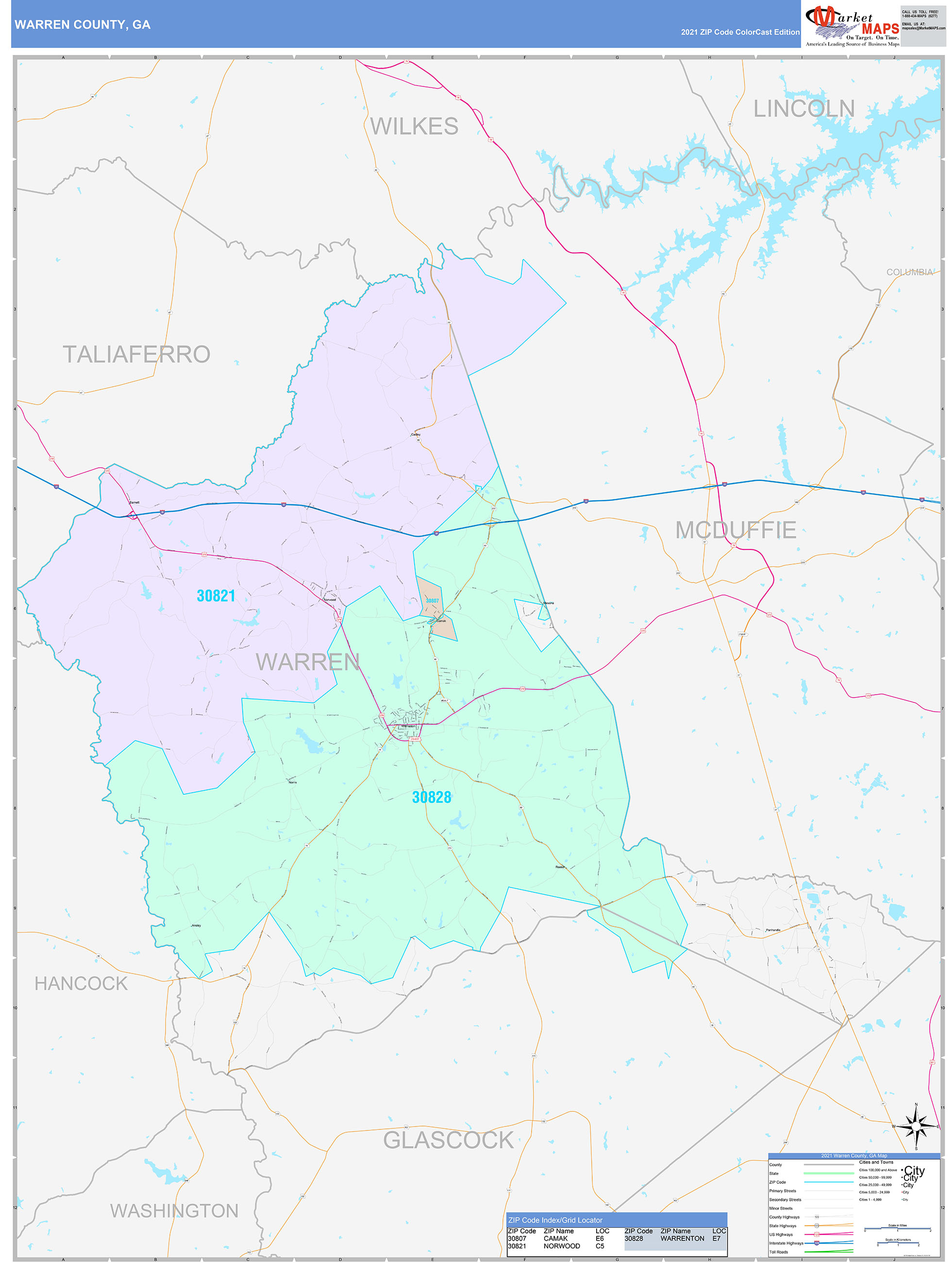 Warren County, GA Wall Map Color Cast Style by MarketMAPS