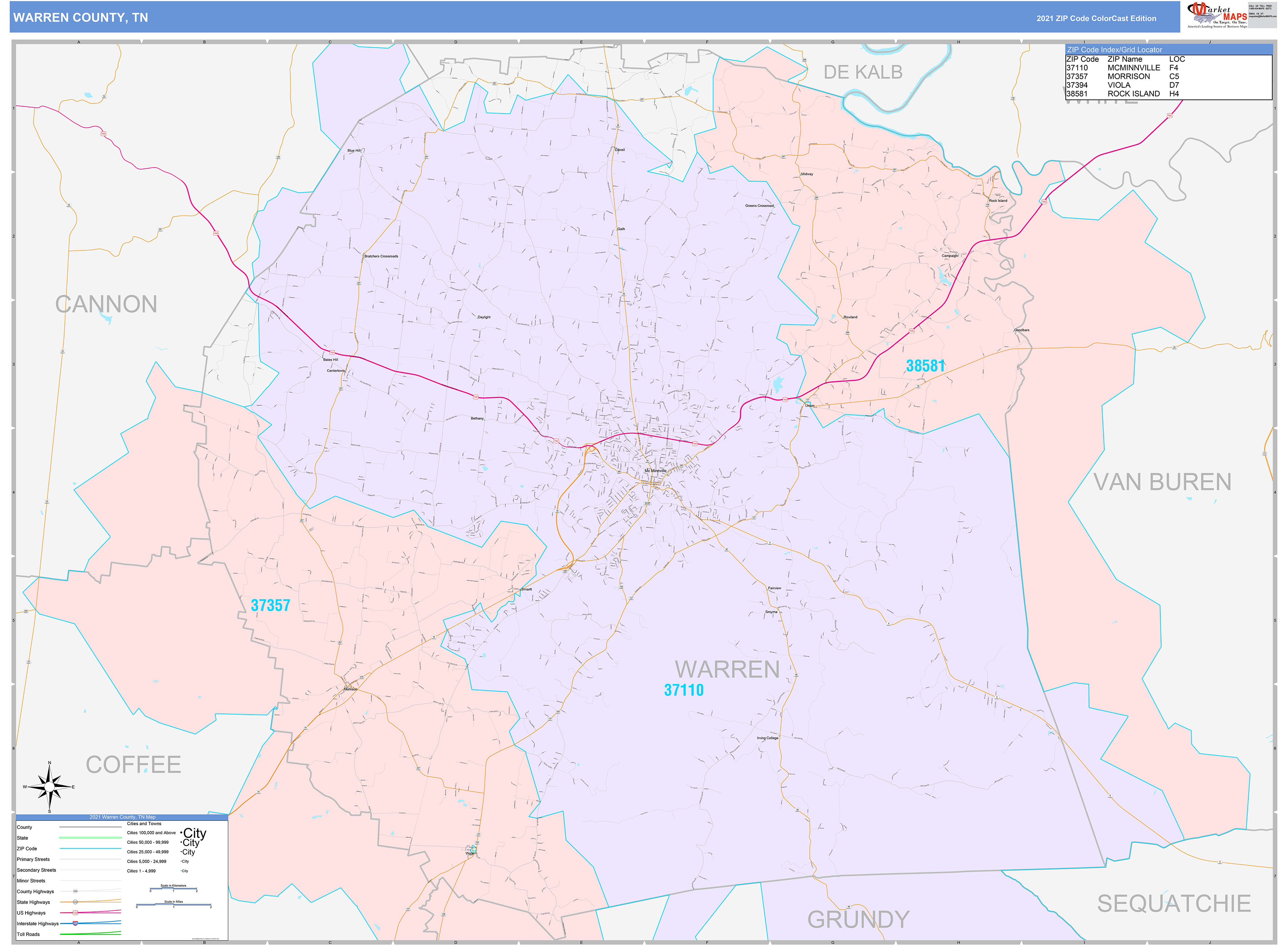 Warren County, TN Wall Map Color Cast Style by MarketMAPS - MapSales.com