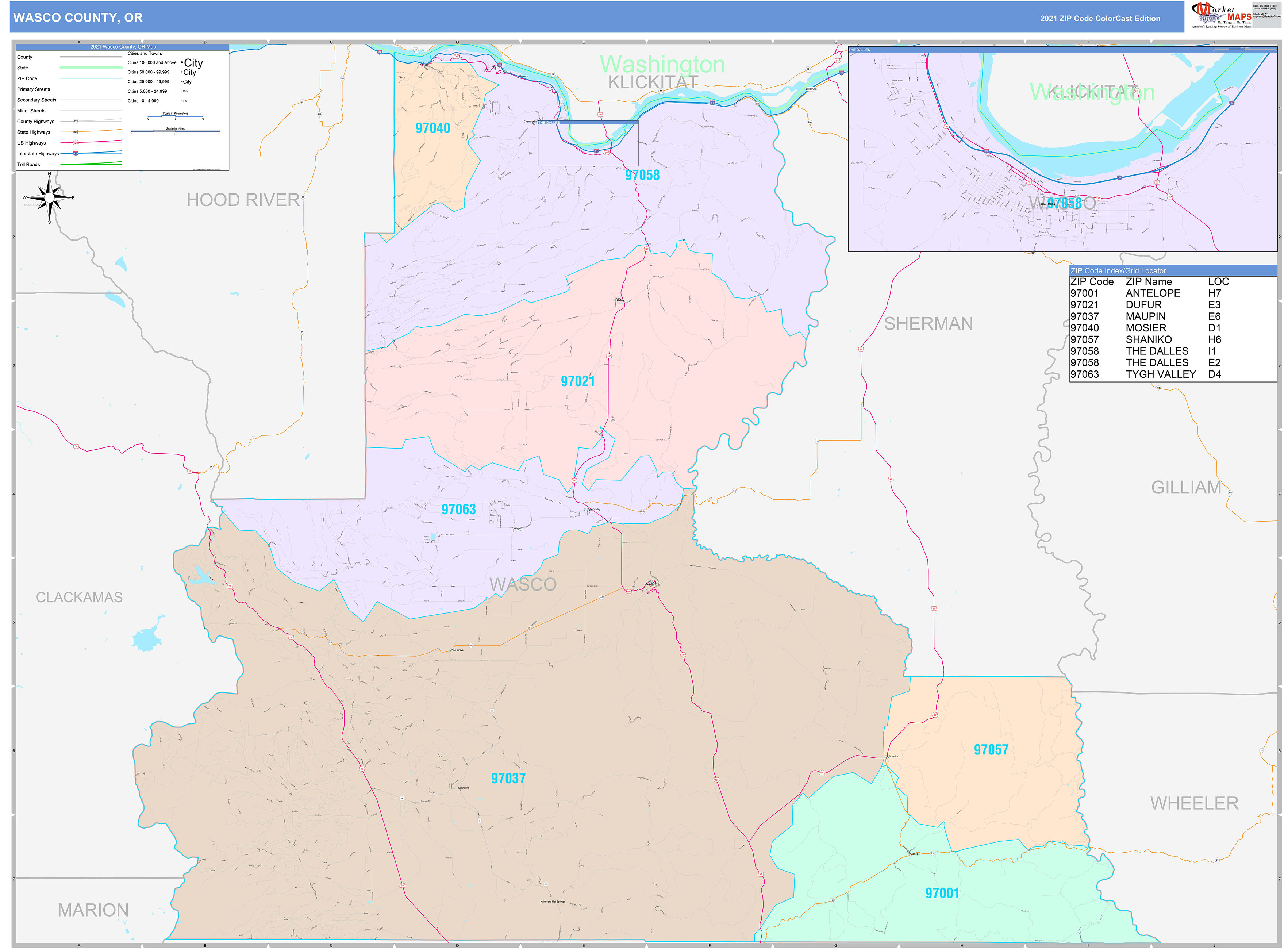 Wasco County, OR Wall Map Color Cast Style by MarketMAPS