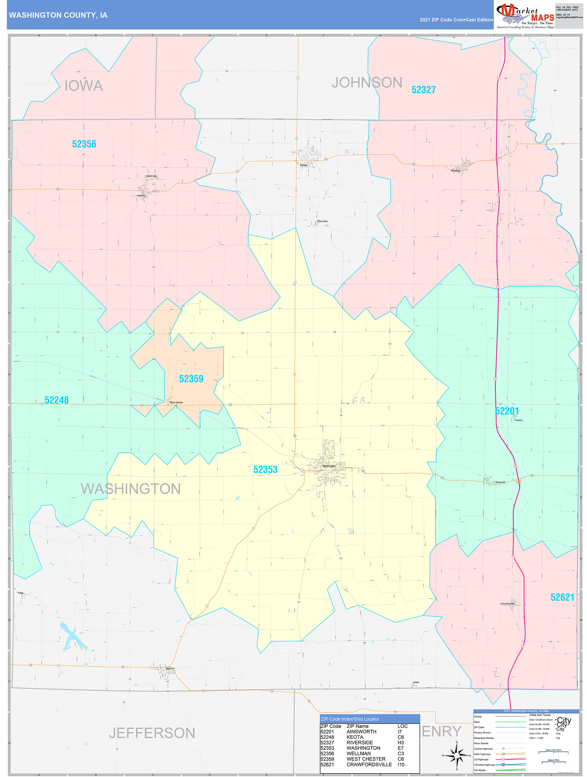 Washington County, IA Wall Map Color Cast Style by MarketMAPS