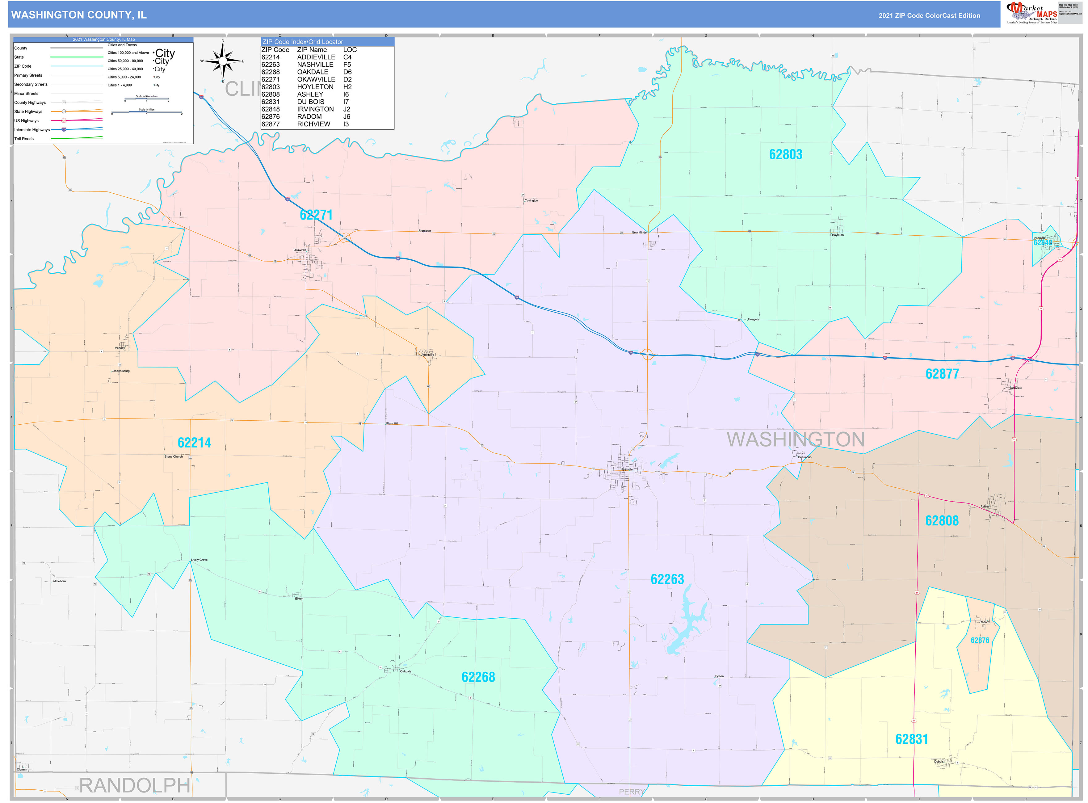 Washington County, IL Wall Map Color Cast Style by MarketMAPS