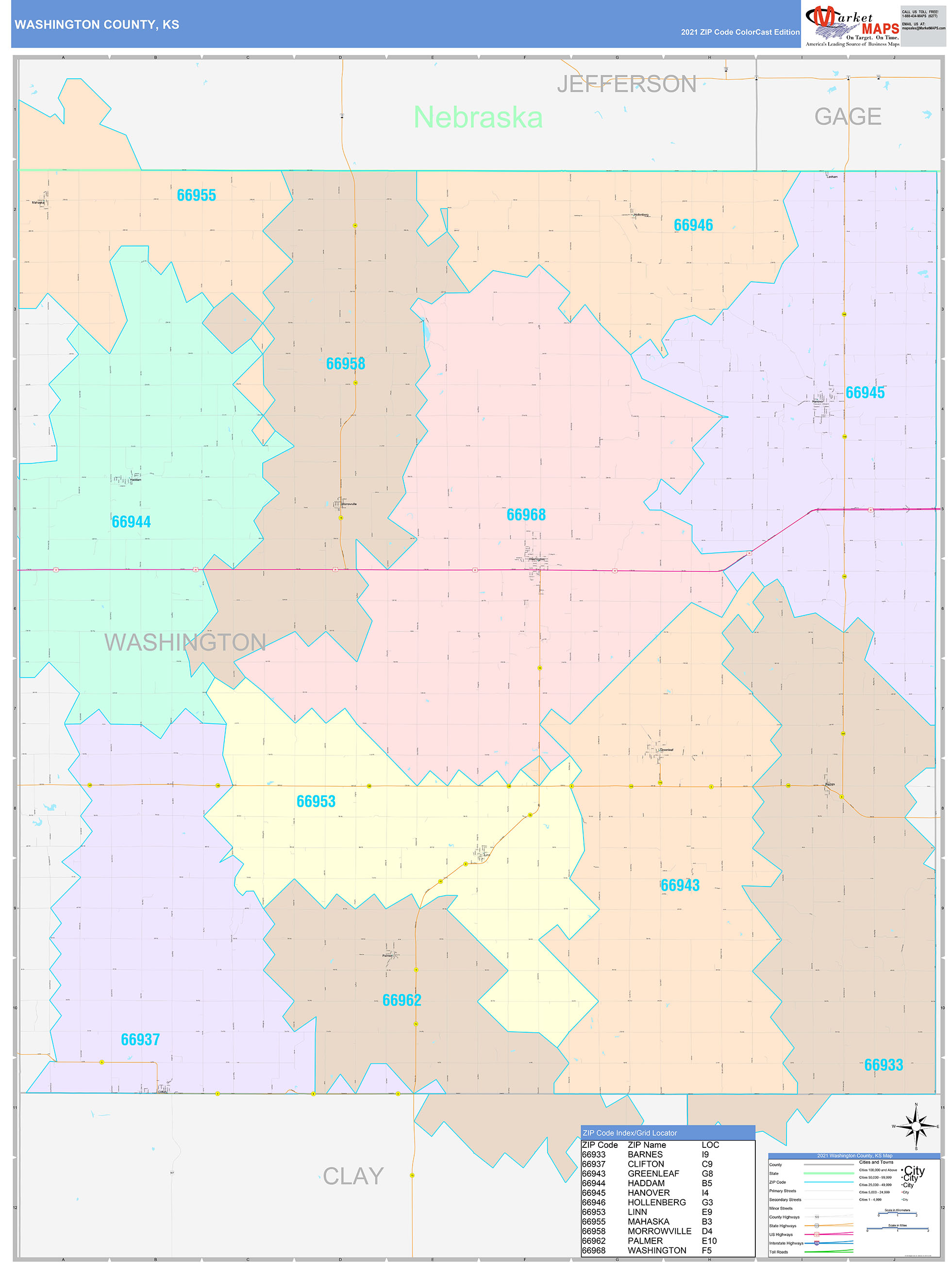 Washington County, KS Wall Map Color Cast Style by MarketMAPS ...