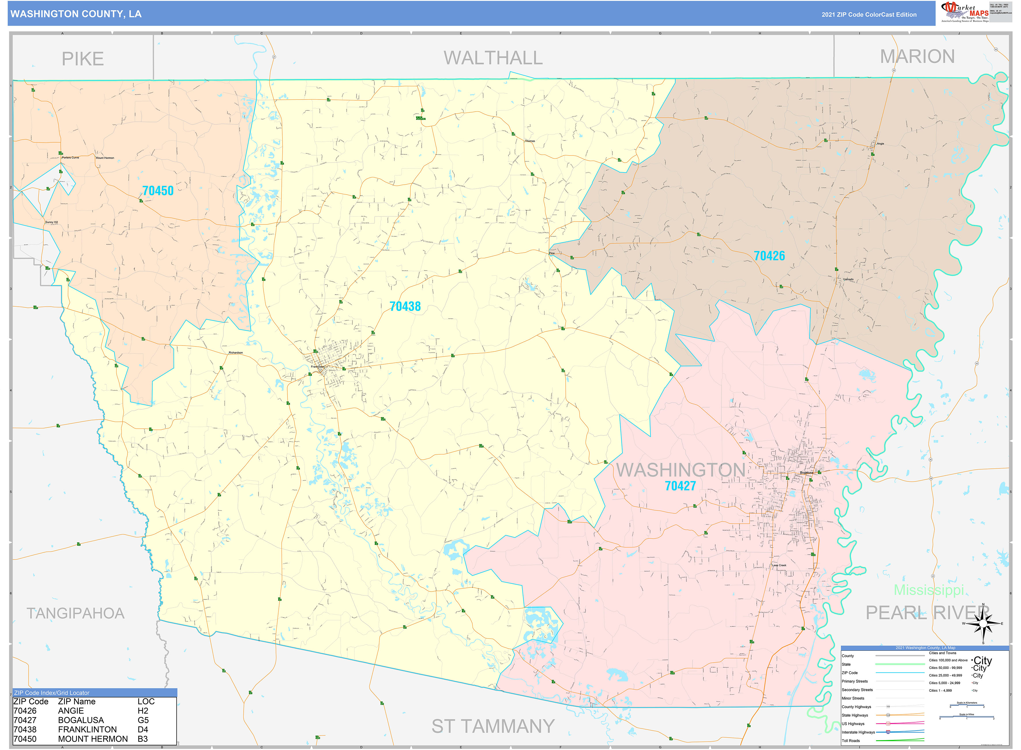 Washington County, LA Wall Map Color Cast Style by MarketMAPS