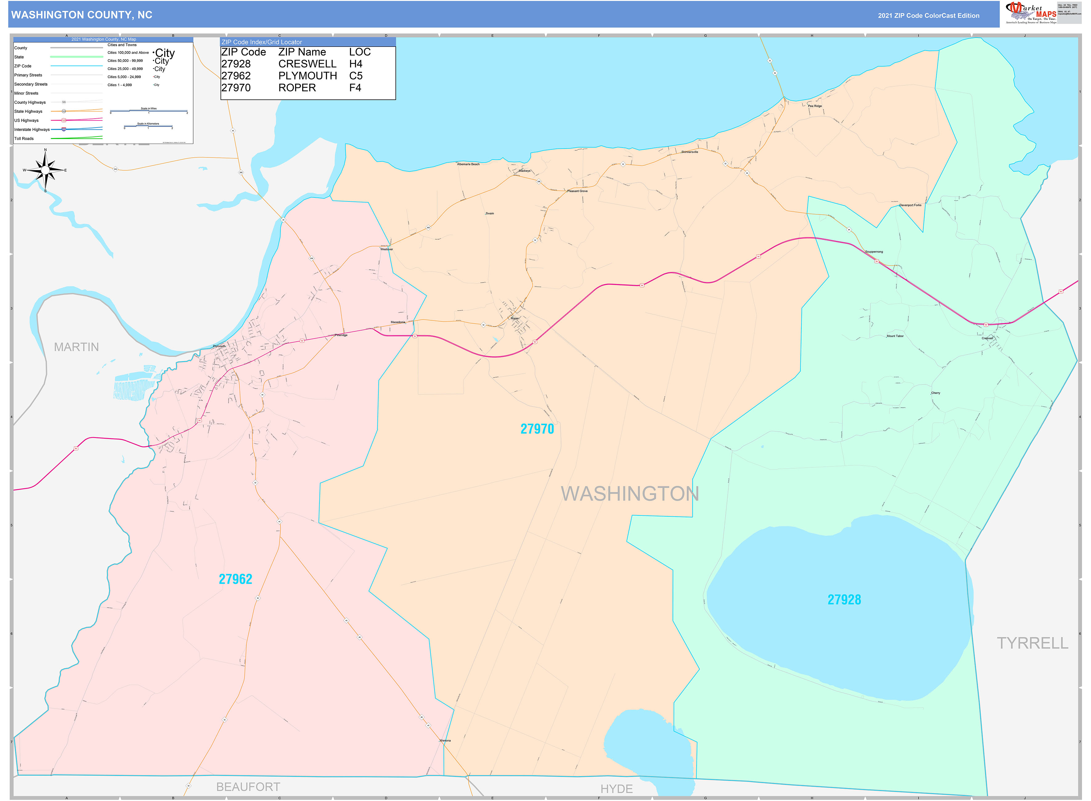 Washington County, NC Wall Map Color Cast Style by MarketMAPS