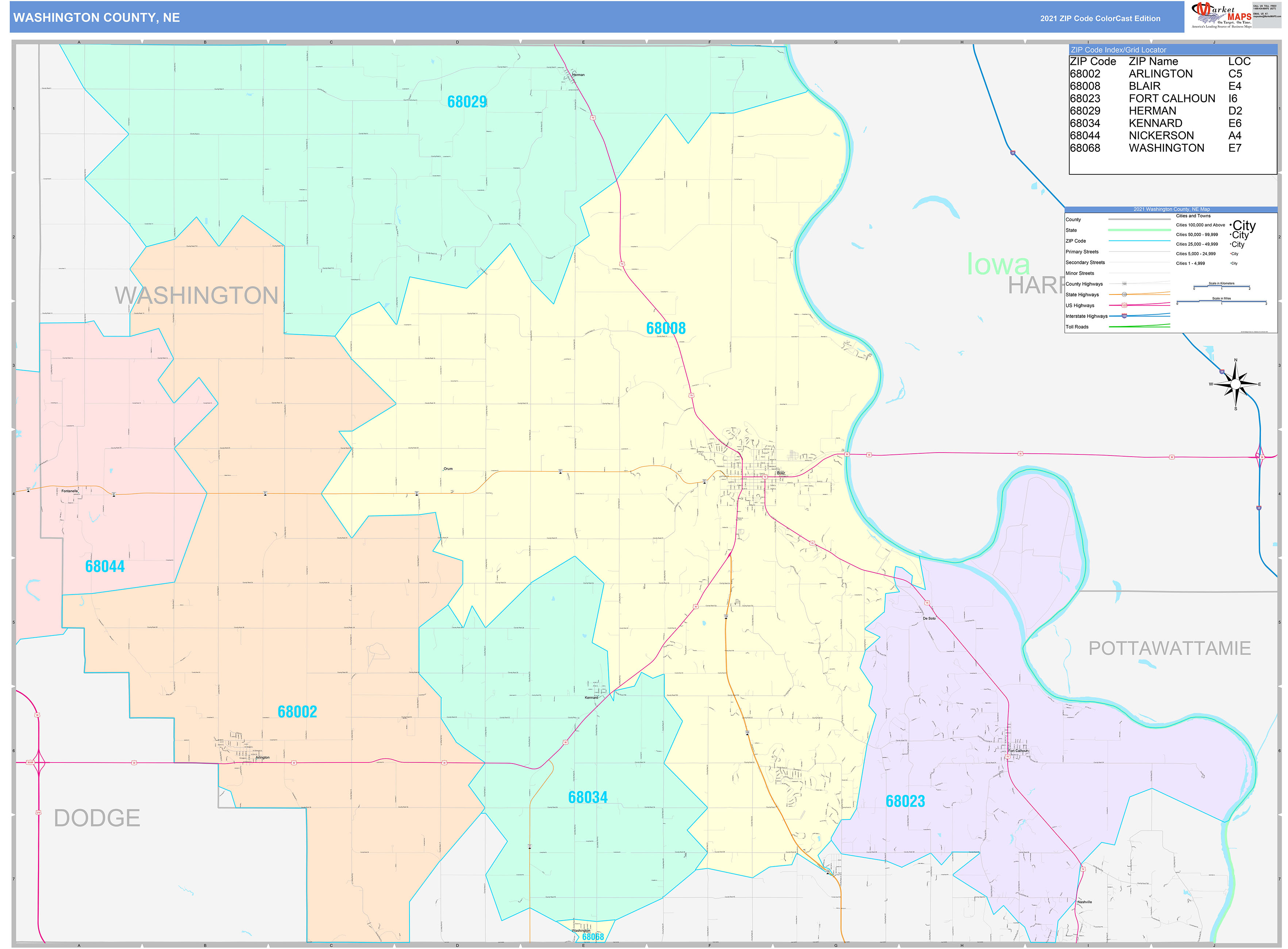 Washington County, NE Wall Map Color Cast Style by MarketMAPS