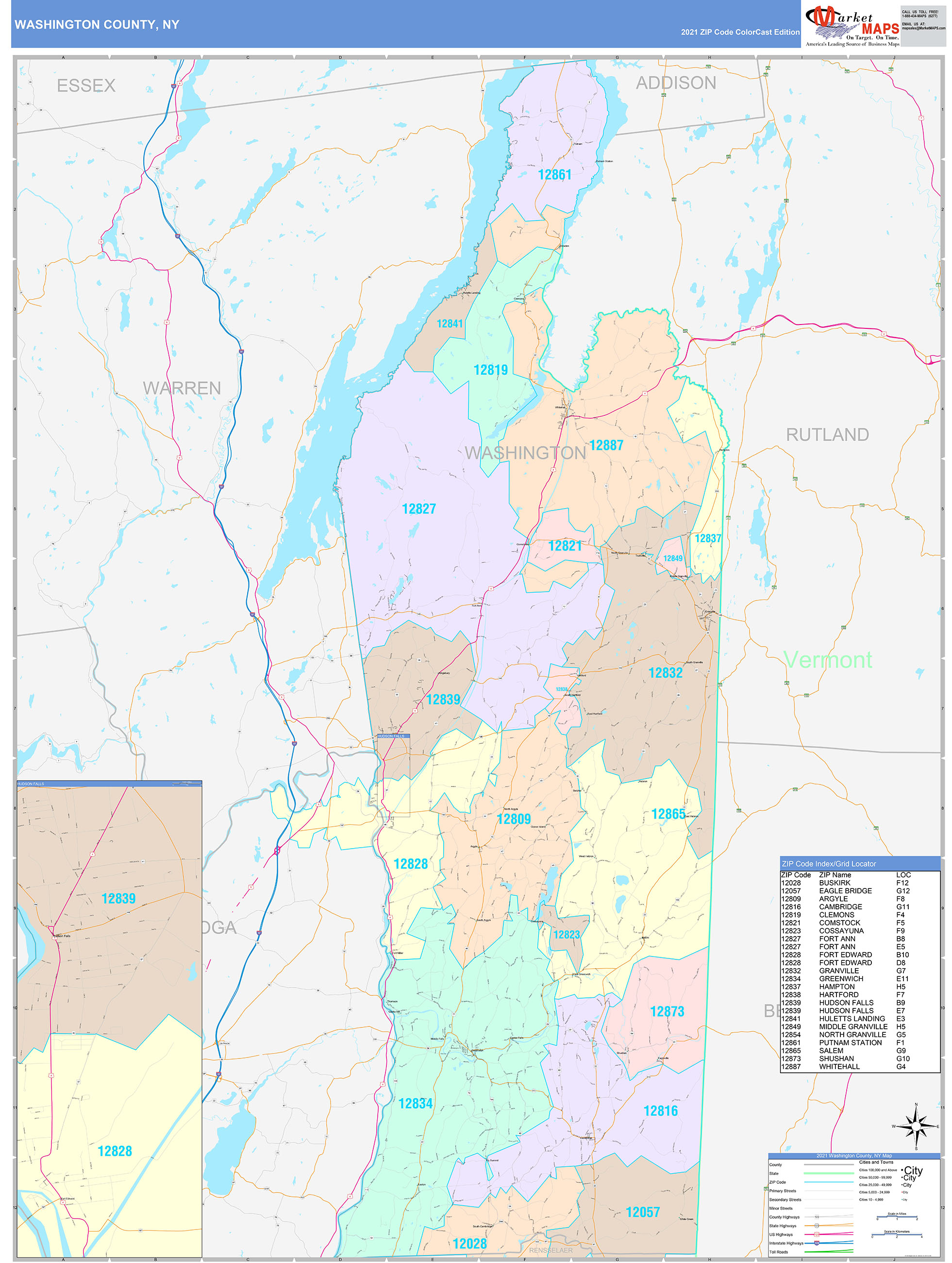 Washington County, NY Wall Map Color Cast Style by MarketMAPS