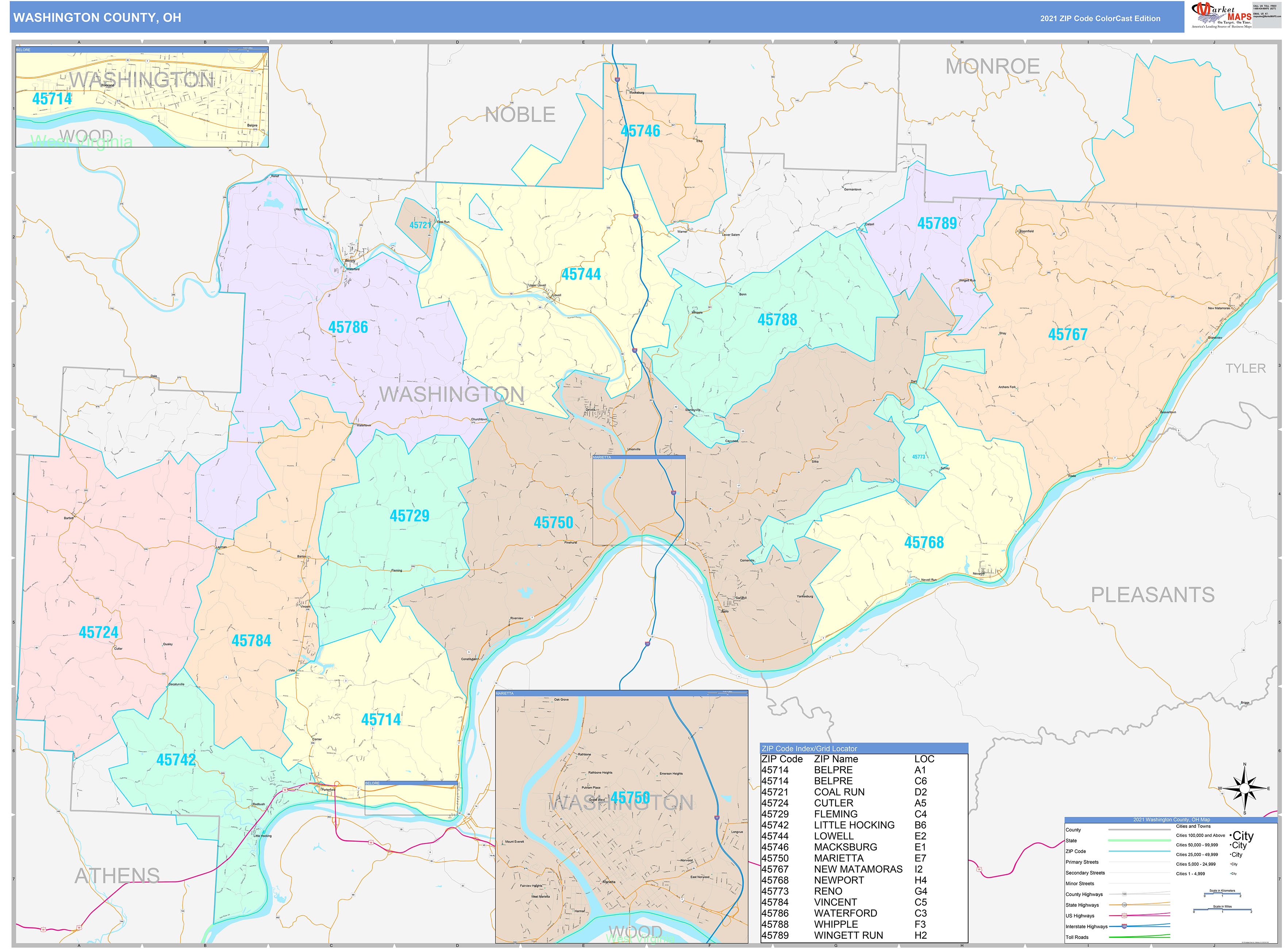 Washington County, OH Wall Map Color Cast Style by MarketMAPS