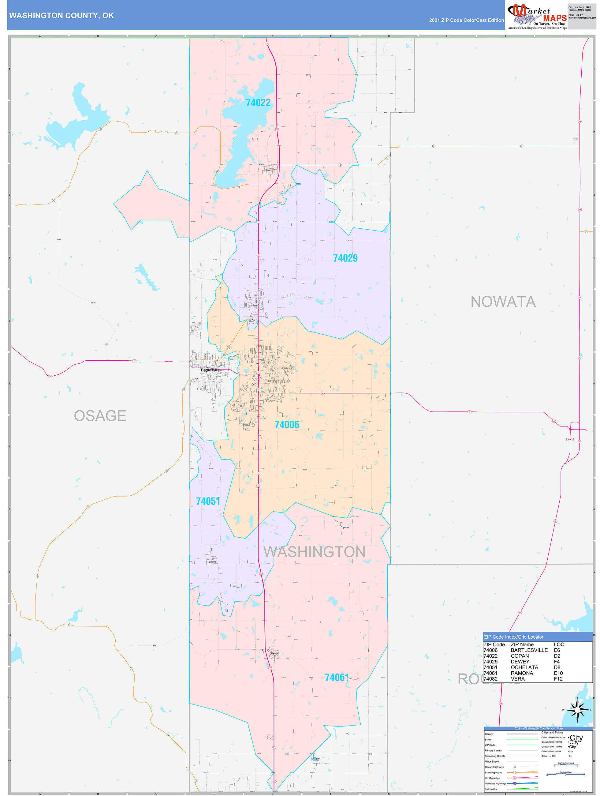 Washington County, OK Wall Map Color Cast Style by MarketMAPS